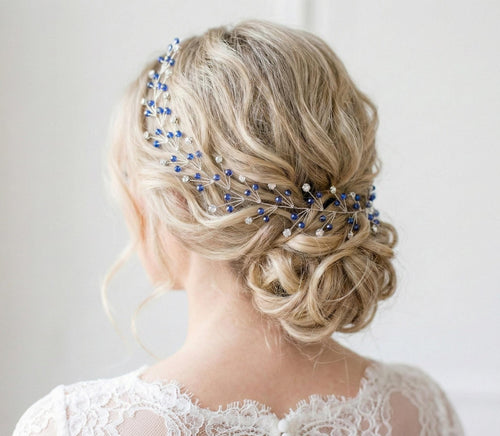 Blauer Kristall Braut Haarschmuck, Handgemachter flexibler Haarkranz mit Silberdraht, Blue Crystal Bridal Hair Vine, Wedding Hair Accessory - AVYRAA BRIDAL