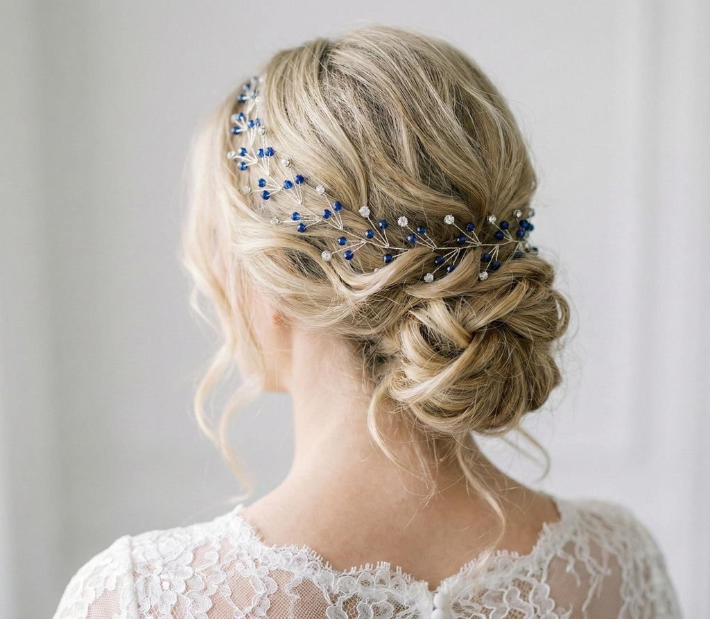 Blauer Kristall Braut Haarschmuck, Handgemachter flexibler Haarkranz mit Silberdraht, Blue Crystal Bridal Hair Vine, Wedding Hair Accessory - AVYRAA BRIDAL