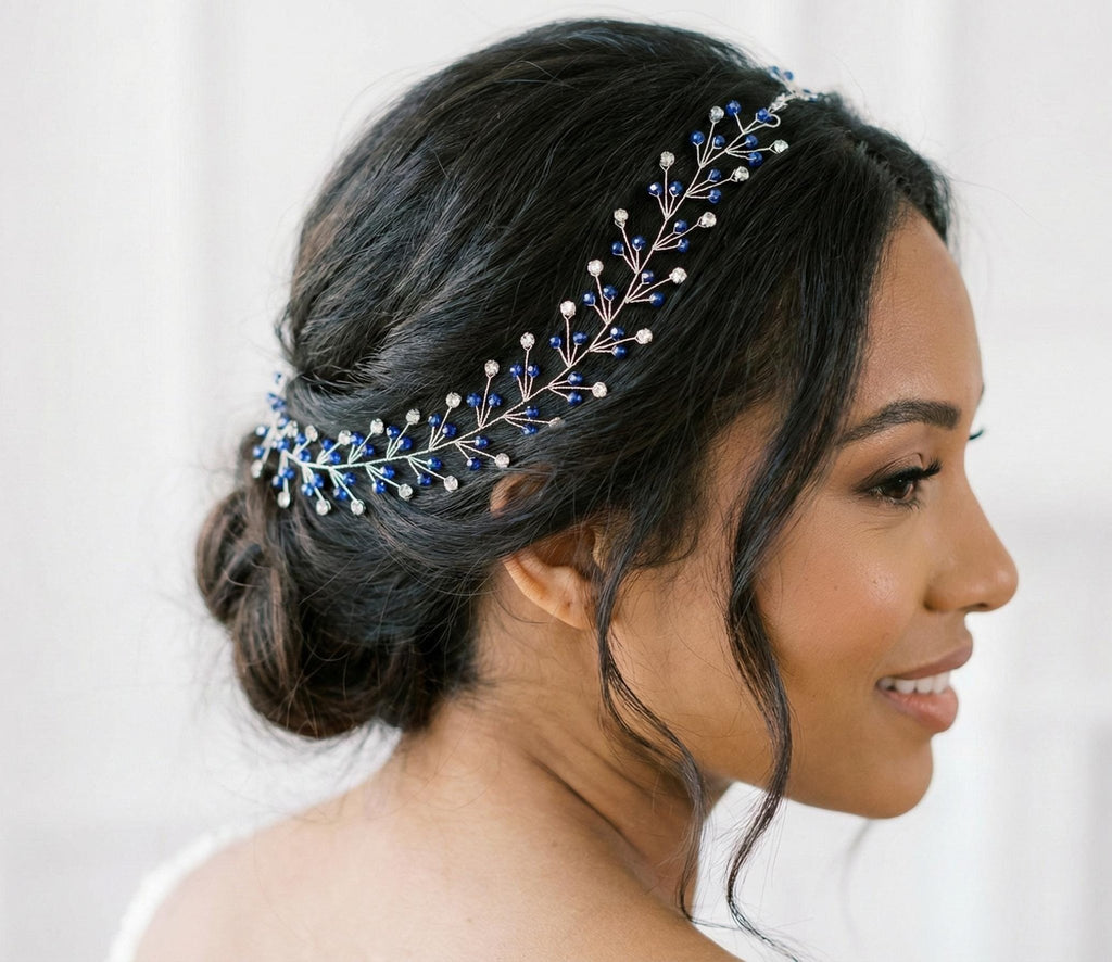 Blauer Kristall Braut Haarschmuck, Handgemachter flexibler Haarkranz mit Silberdraht, Blue Crystal Bridal Hair Vine, Wedding Hair Accessory - AVYRAA BRIDAL