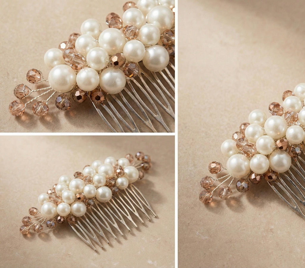 Braut Haarkamm Kristall Perlen Champagner Draht Haarschmuck - AVYRAA BRIDAL