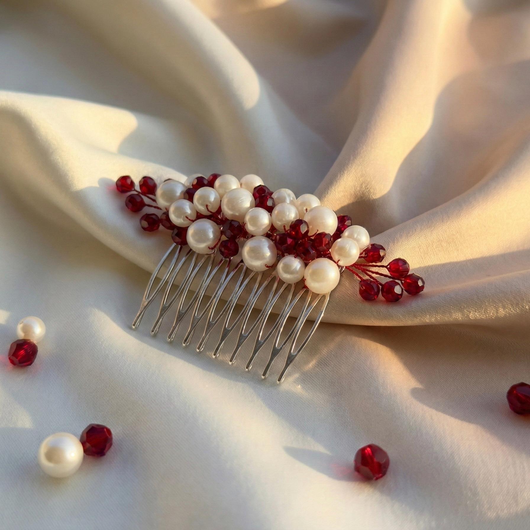 Braut Haarkamm Kristall Perlen Dunkelrot Draht Haarschmuck - AVYRAA BRIDAL