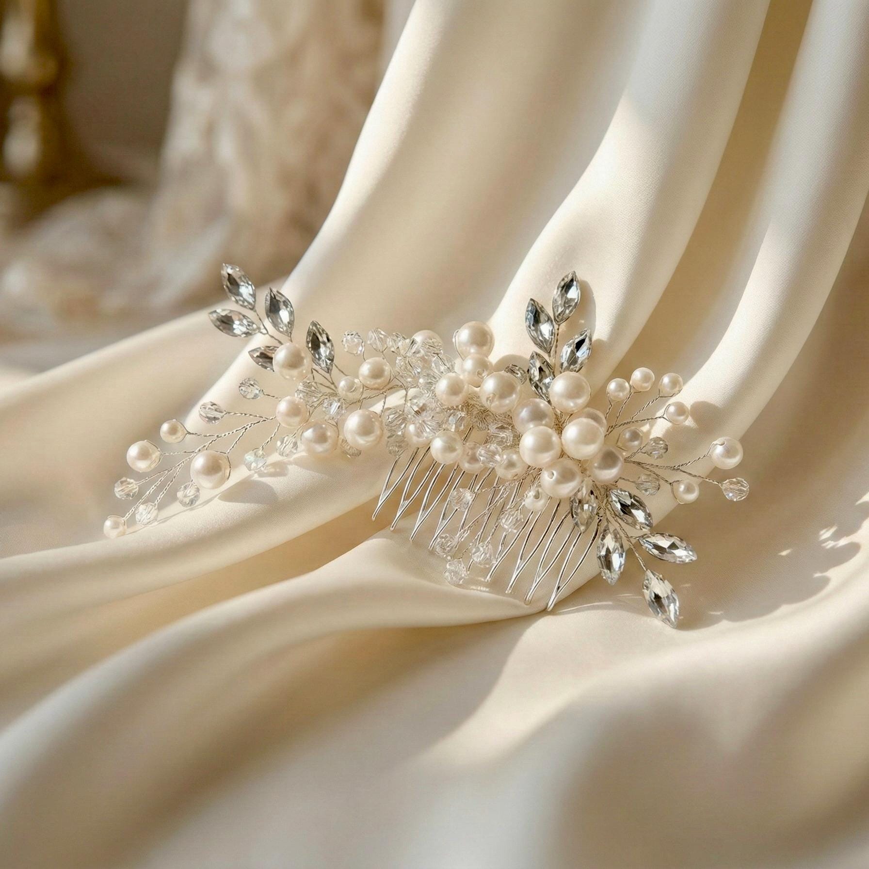 Braut Haarkamm mit Perlen und klaren Kristallen - AVYRAA BRIDAL