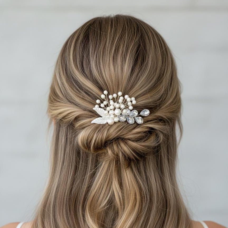 Braut Haarkamm mit Perlen und silbernen Blättern - AVYRAA BRIDAL