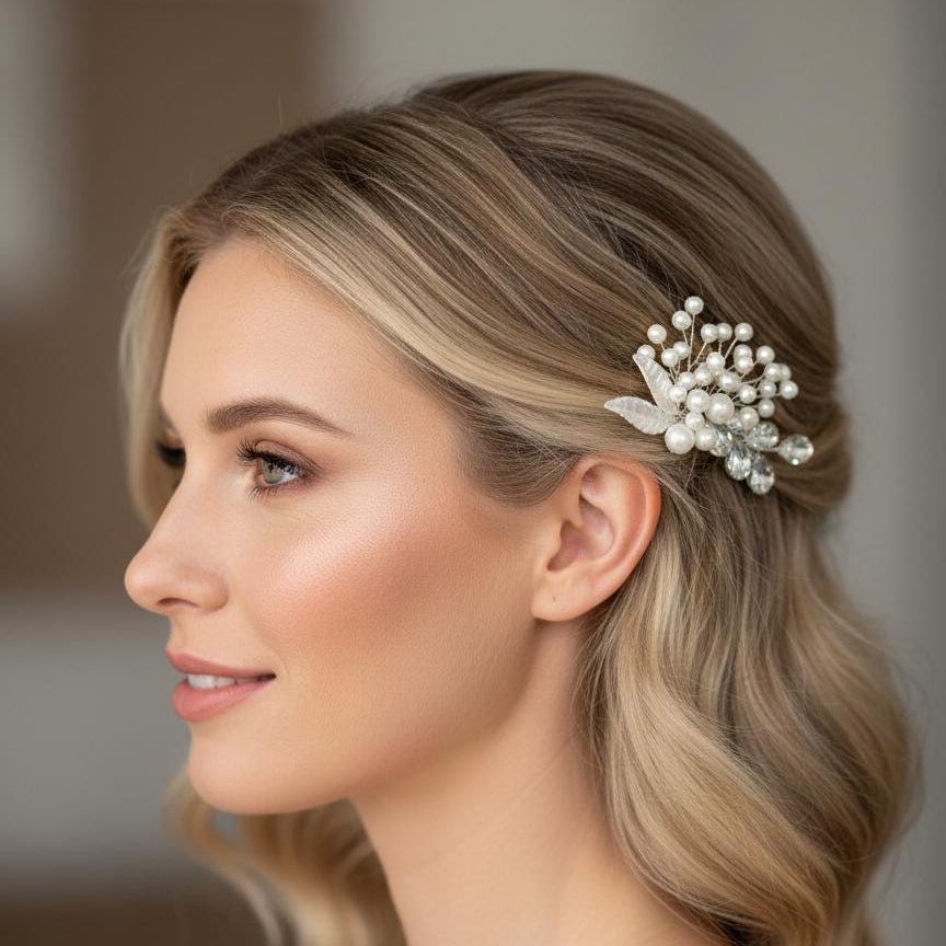 Braut Haarkamm mit Perlen und silbernen Blättern - AVYRAA BRIDAL