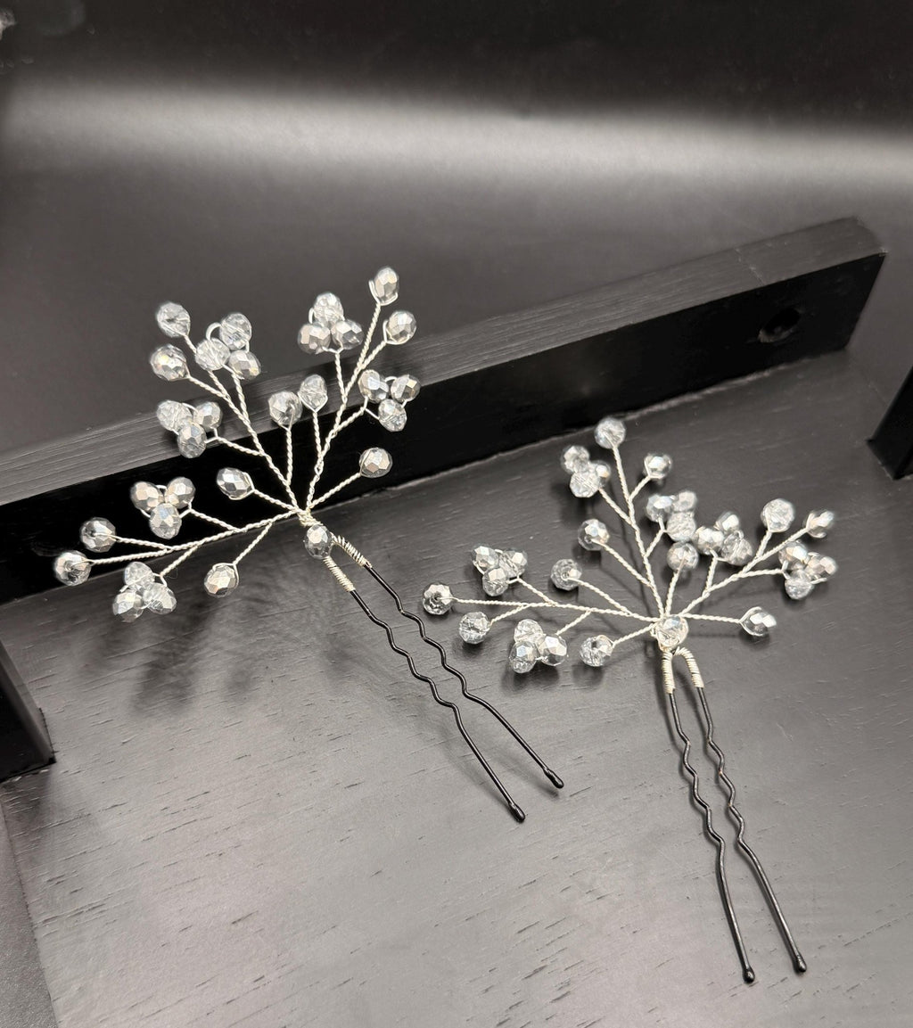 Braut Haarnadel Zweig Silber Klar Glas Kristall Draht Haarschmuck - AVYRAA BRIDAL