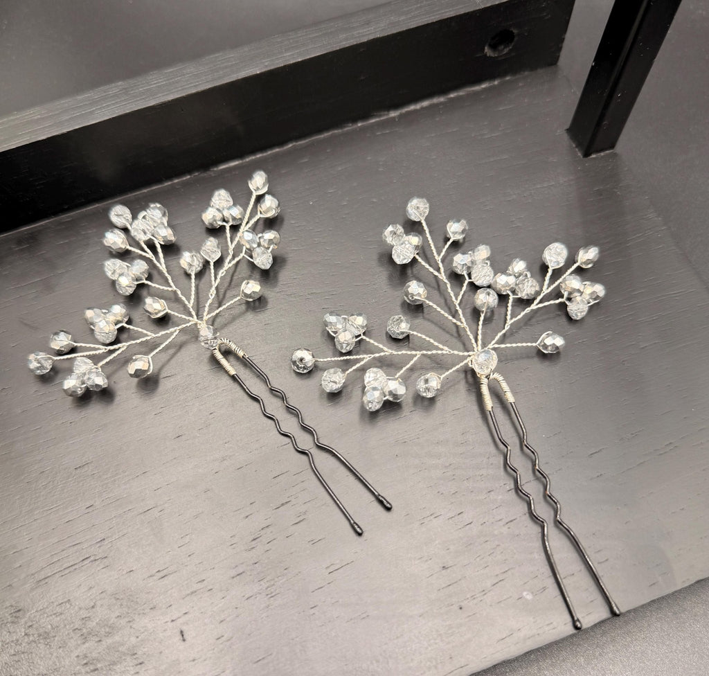 Braut Haarnadel Zweig Silber Klar Glas Kristall Draht Haarschmuck - AVYRAA BRIDAL