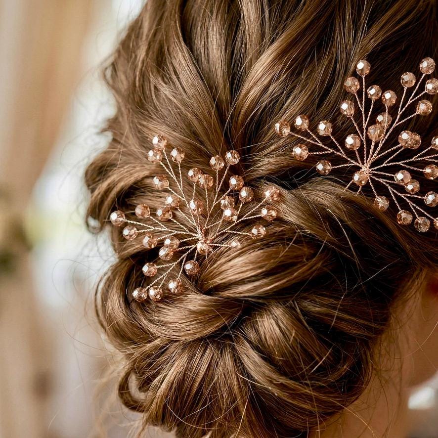 Braut Haarnadeln Champagner Kupfer Glasperlen Draht Haarschmuck - AVYRAA BRIDAL