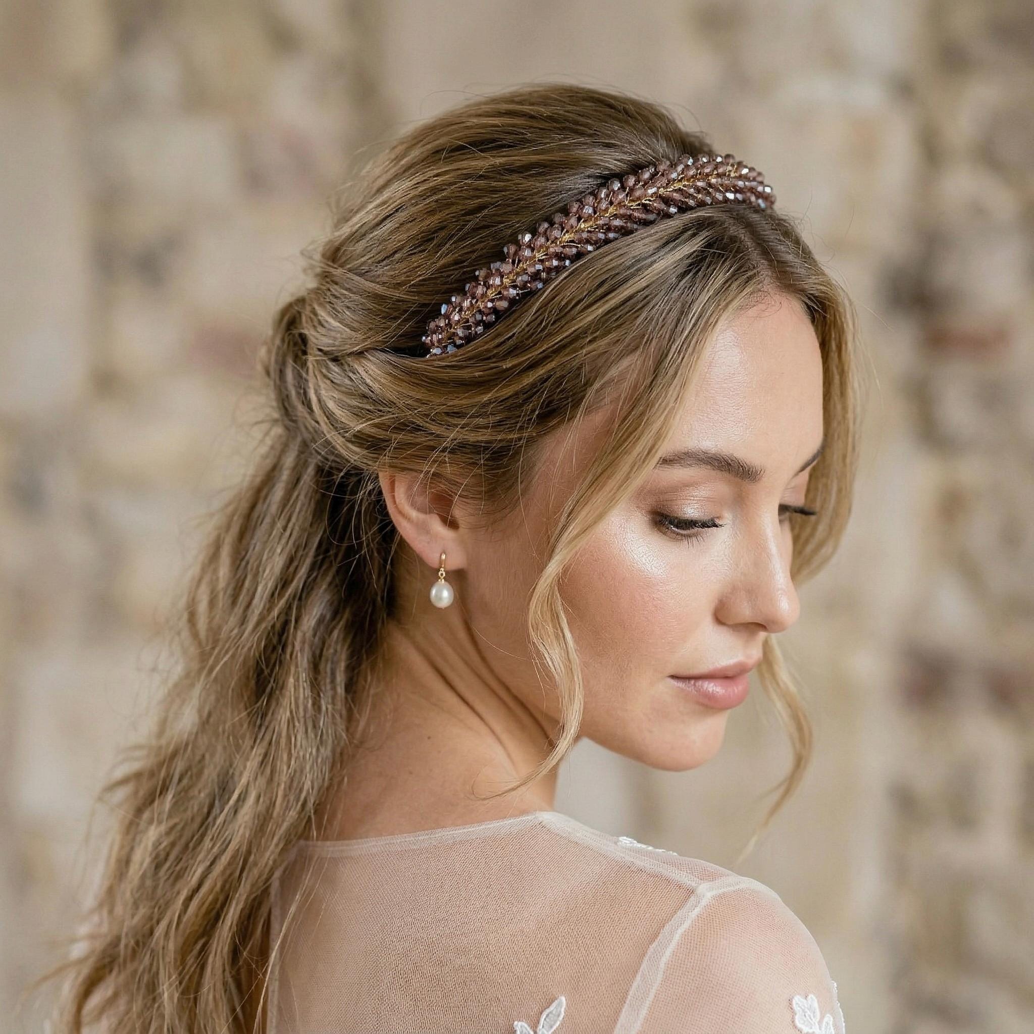 Braut Haarreif Altrosa Champagner Kristall Strass Draht Haarband Haarschmuck - AVYRAA BRIDAL