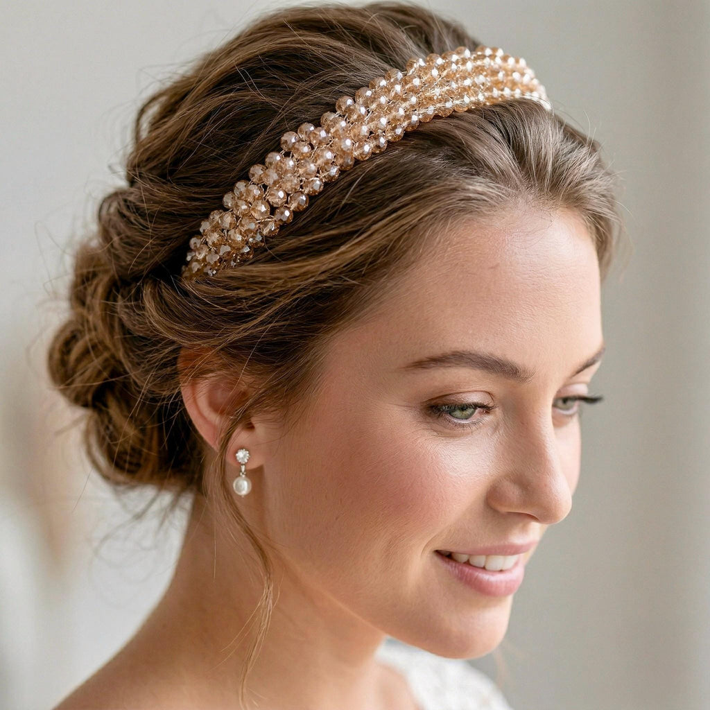 Braut Tiara Hellgold Kristall Champagner Draht Haarband Haarschmuck - AVYRAA BRIDAL