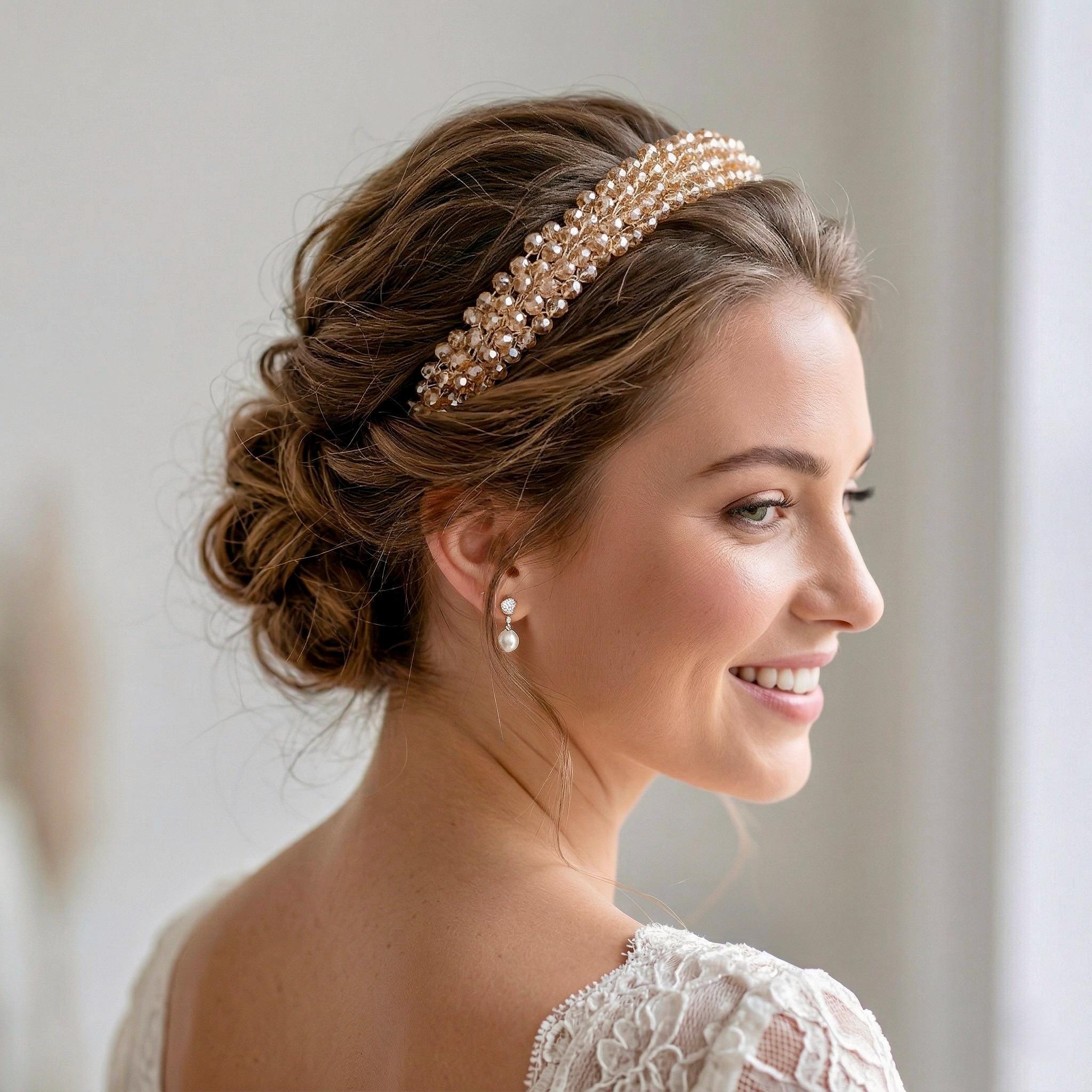 Braut Tiara Hellgold Kristall Champagner Draht Haarband Haarschmuck - AVYRAA BRIDAL
