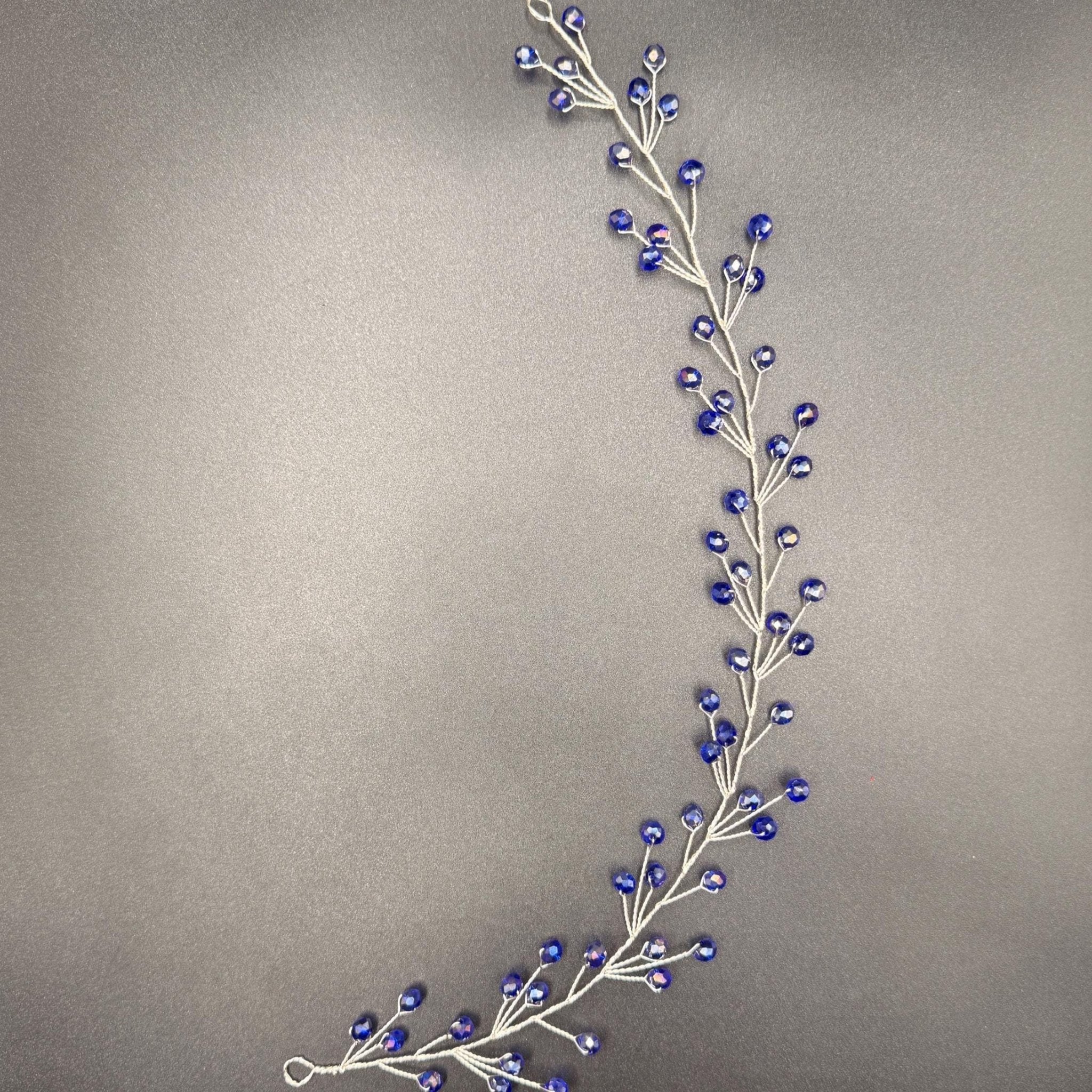 Bridal Hair Vine Royal Blue Crystal Silver Wire Flexible Headpiece - AVYRAA BRIDAL