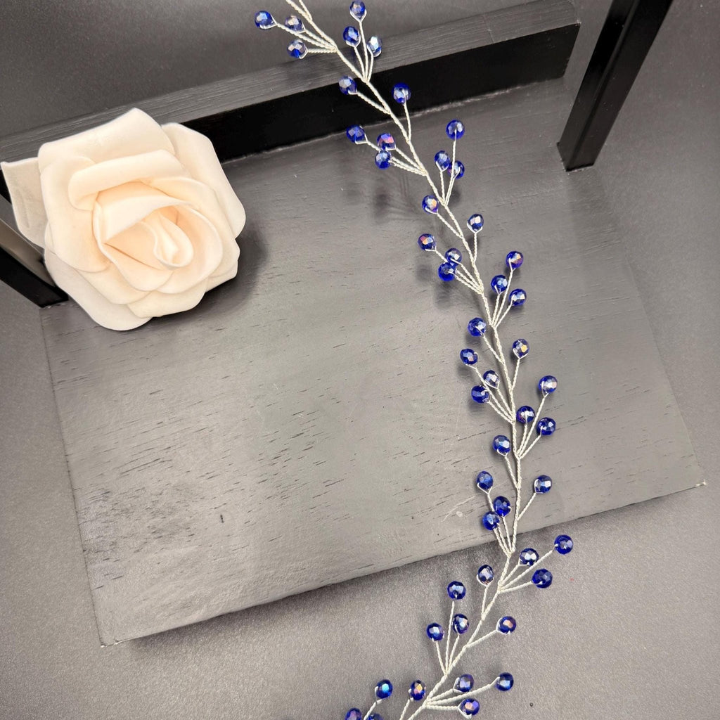 Bridal Hair Vine Royal Blue Crystal Silver Wire Flexible Headpiece - AVYRAA BRIDAL