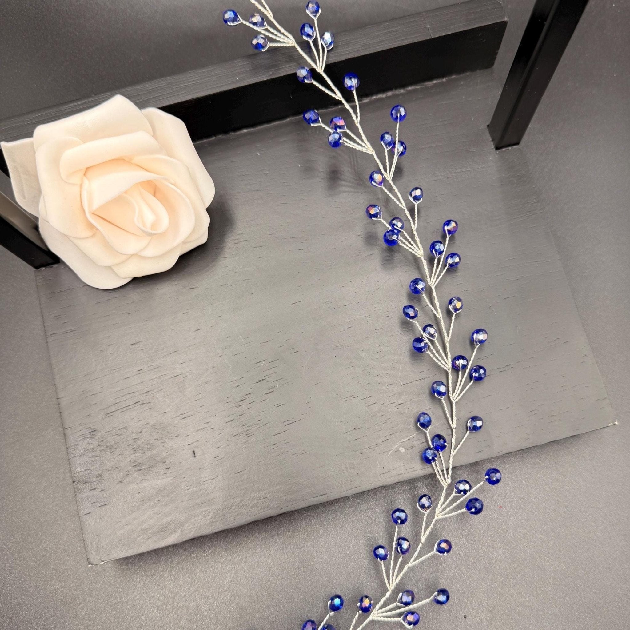Bridal Hair Vine Royal Blue Crystal Silver Wire Flexible Headpiece - AVYRAA BRIDAL