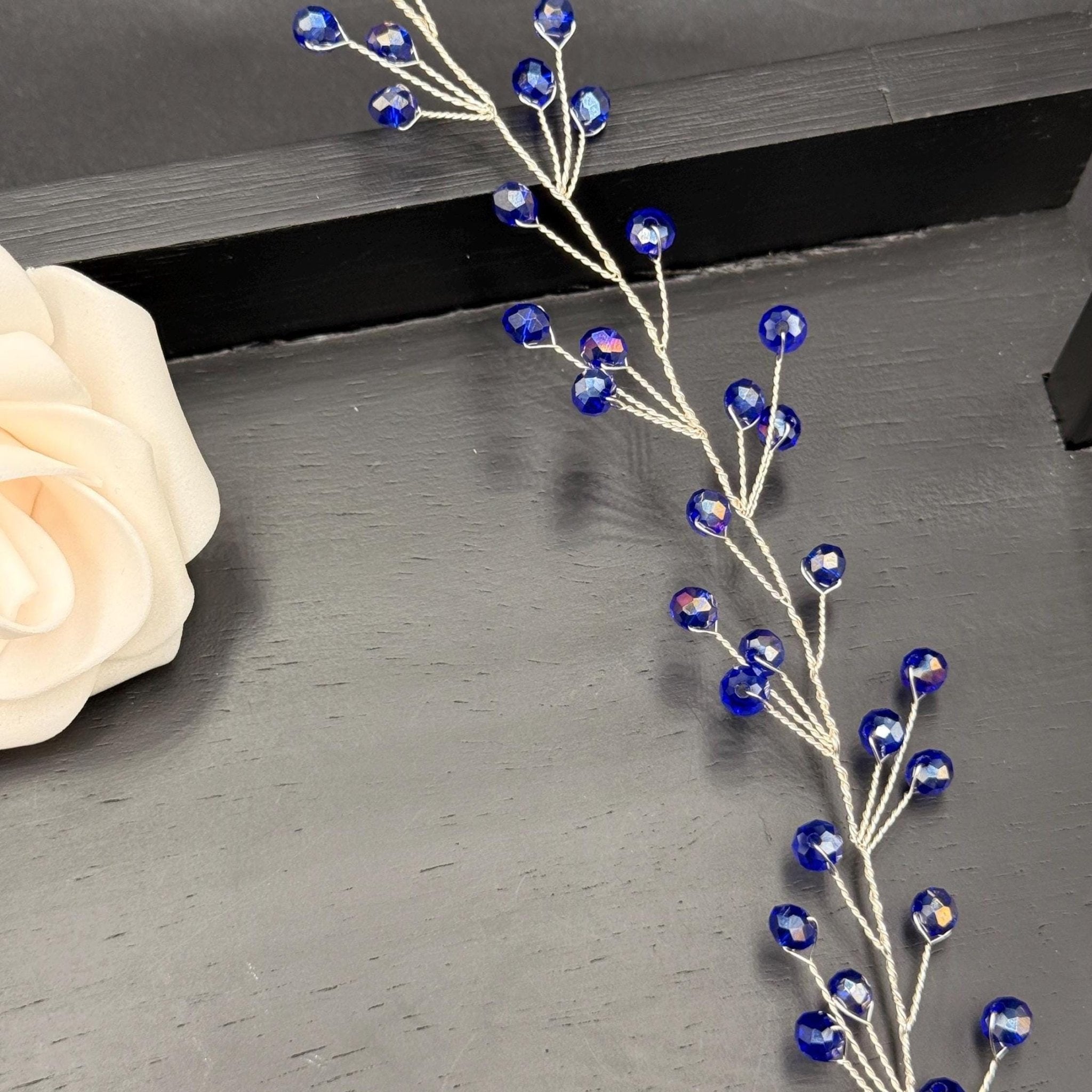 Bridal Hair Vine Royal Blue Crystal Silver Wire Flexible Headpiece - AVYRAA BRIDAL