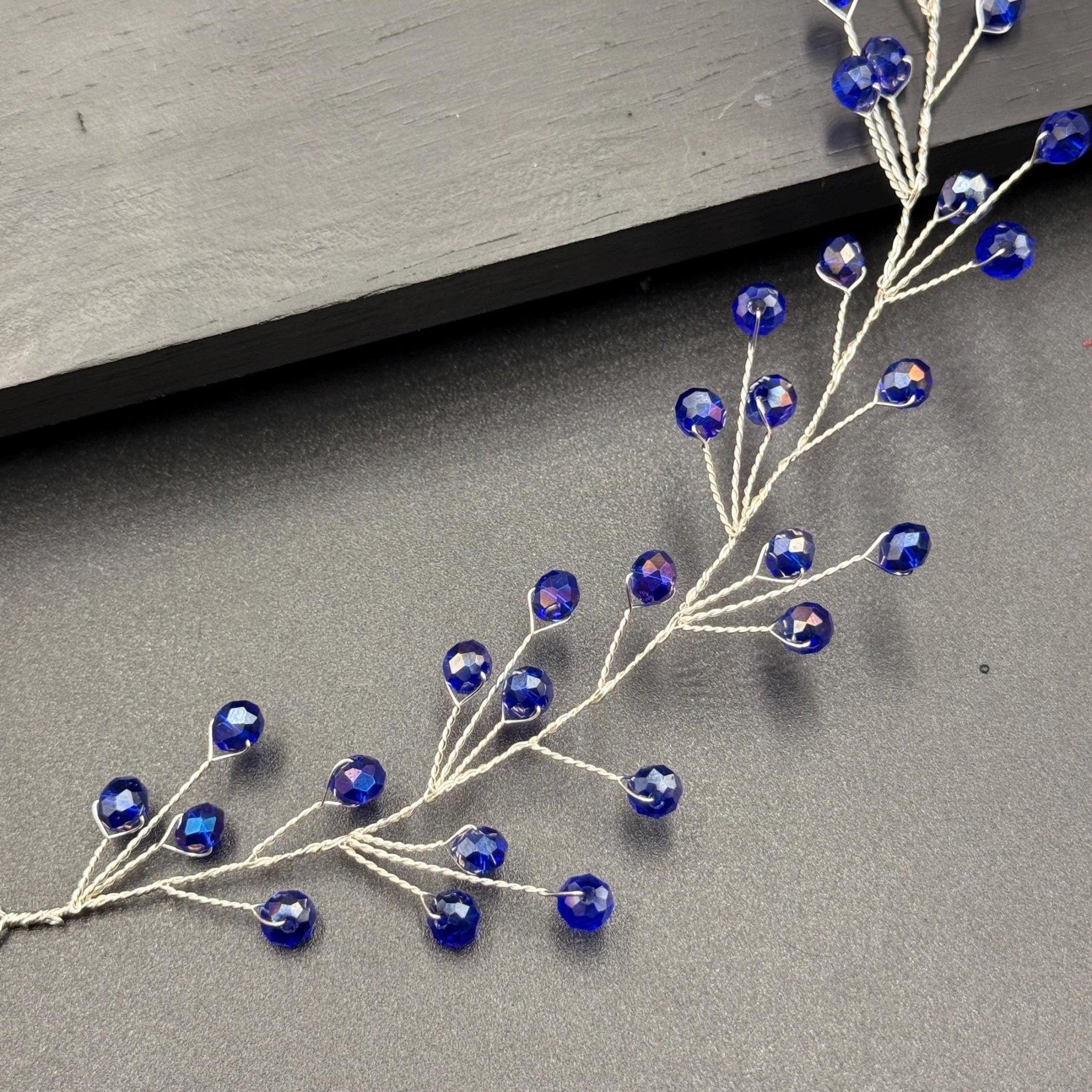 Bridal Hair Vine Royal Blue Crystal Silver Wire Flexible Headpiece - AVYRAA BRIDAL