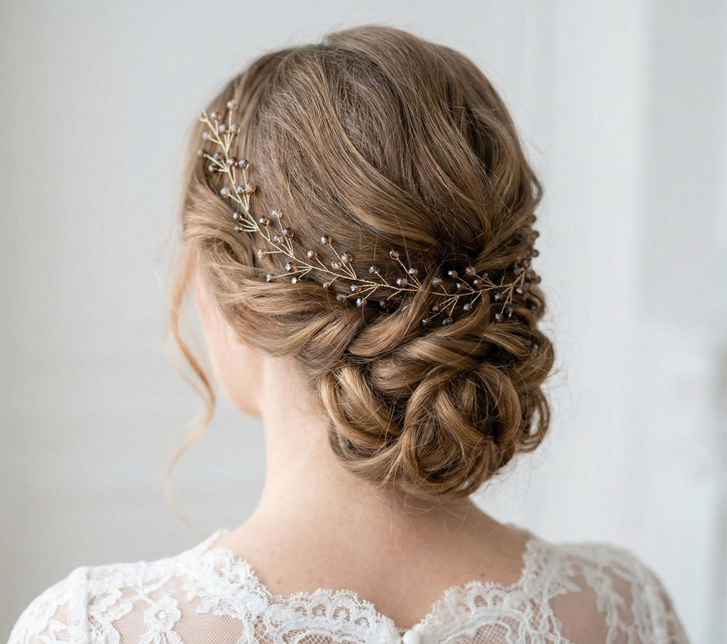 Champagner Kristall Braut Haarschmuck, Handgemachte flexible Haarranke mit Silberdraht, Champagne Crystal Bridal Hair Vine - AVYRAA BRIDAL