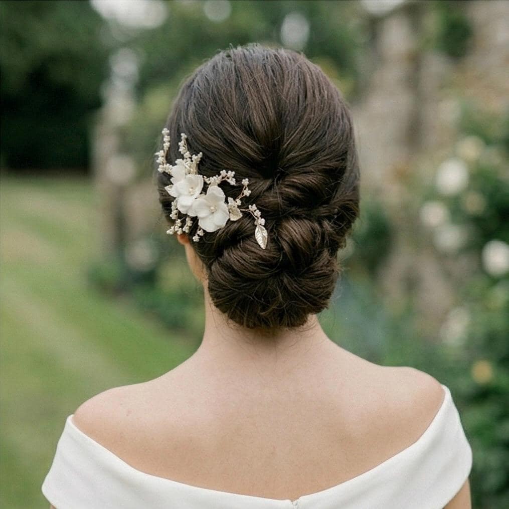 Goldener Blüten Haarkamm mit Perlen für Bräute - AVYRAA BRIDAL