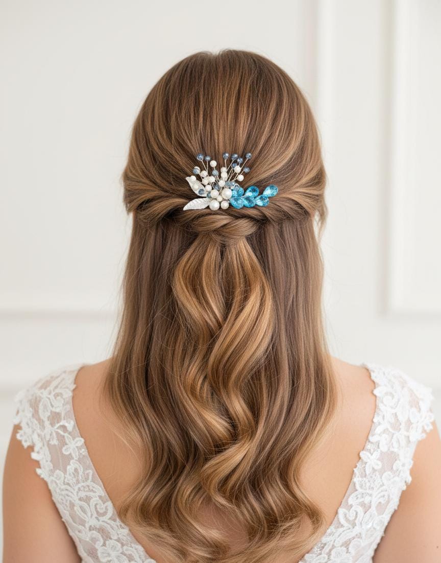 Haarspange mit Perlen, blauen Kristallen und Blättern – elegant & romantisch - AVYRAA BRIDAL