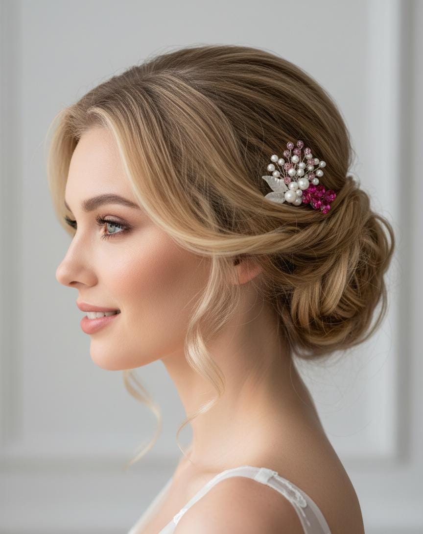 Haarspange mit Perlen, rosafarbenen Kristallen und Blättern – elegant & romantisch - AVYRAA BRIDAL