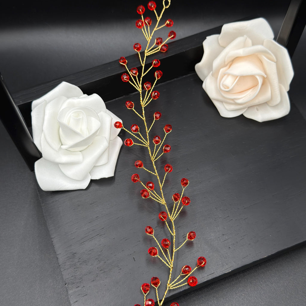 Bordeaux Crystal Hair Vine with Red Wire, Flexible Bridal Hair Accessory