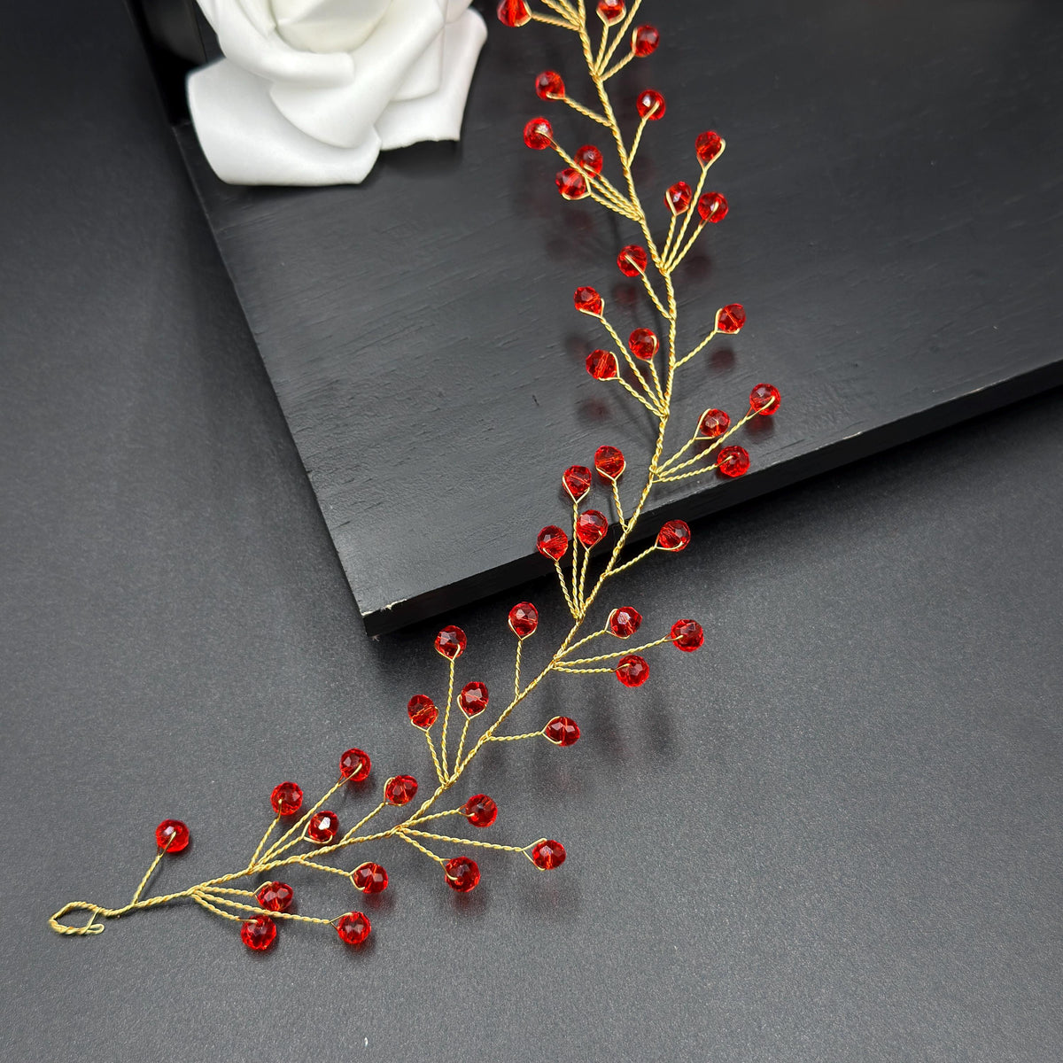 Bordeaux Crystal Hair Vine with Red Wire, Flexible Bridal Hair Accessory