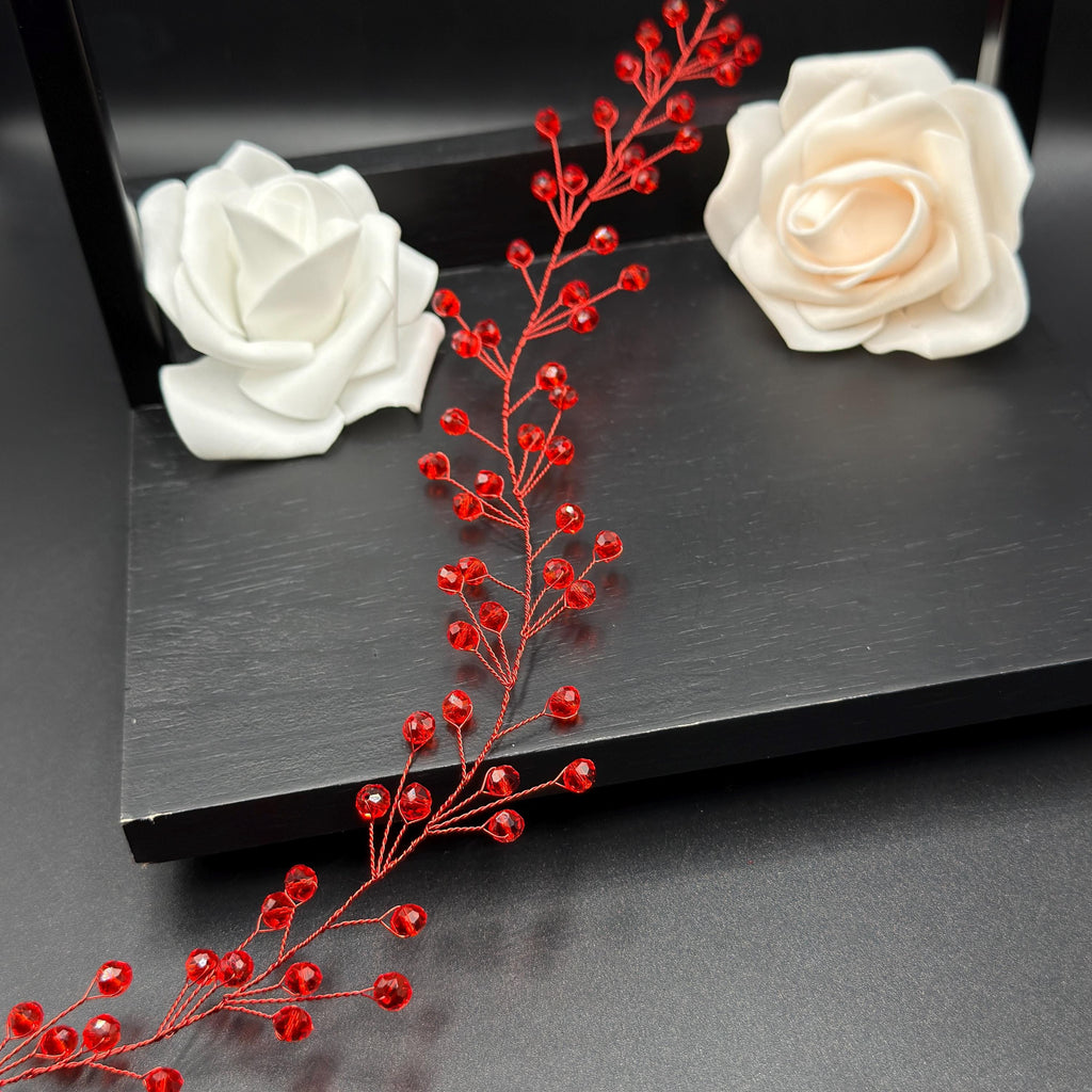 Bordeaux Crystal Hair Vine with Red Wire, Flexible Bridal Hair Accessory
