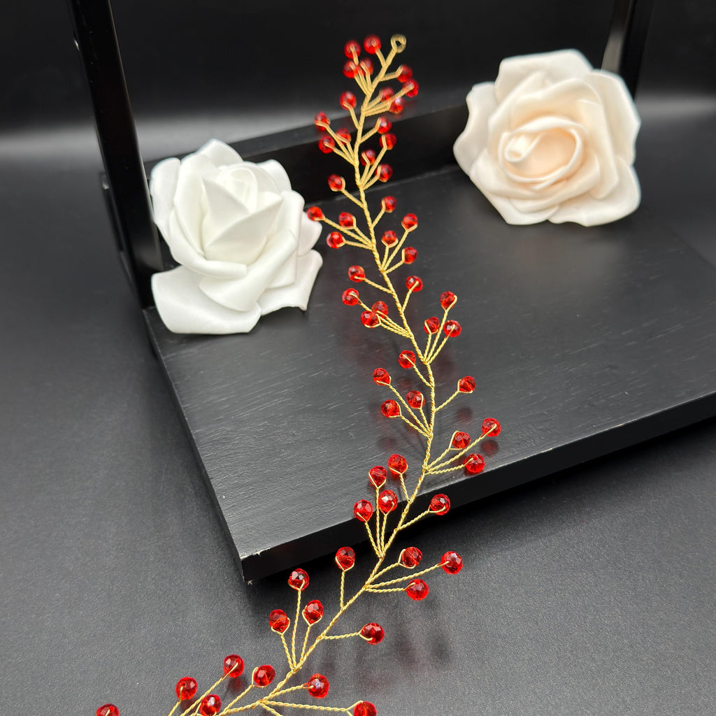 Bordeaux Crystal Hair Vine with Red Wire, Flexible Bridal Hair Accessory