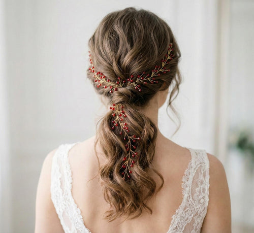 Bordeaux Crystal Hair Vine with Red Wire, Flexible Bridal Hair Accessory