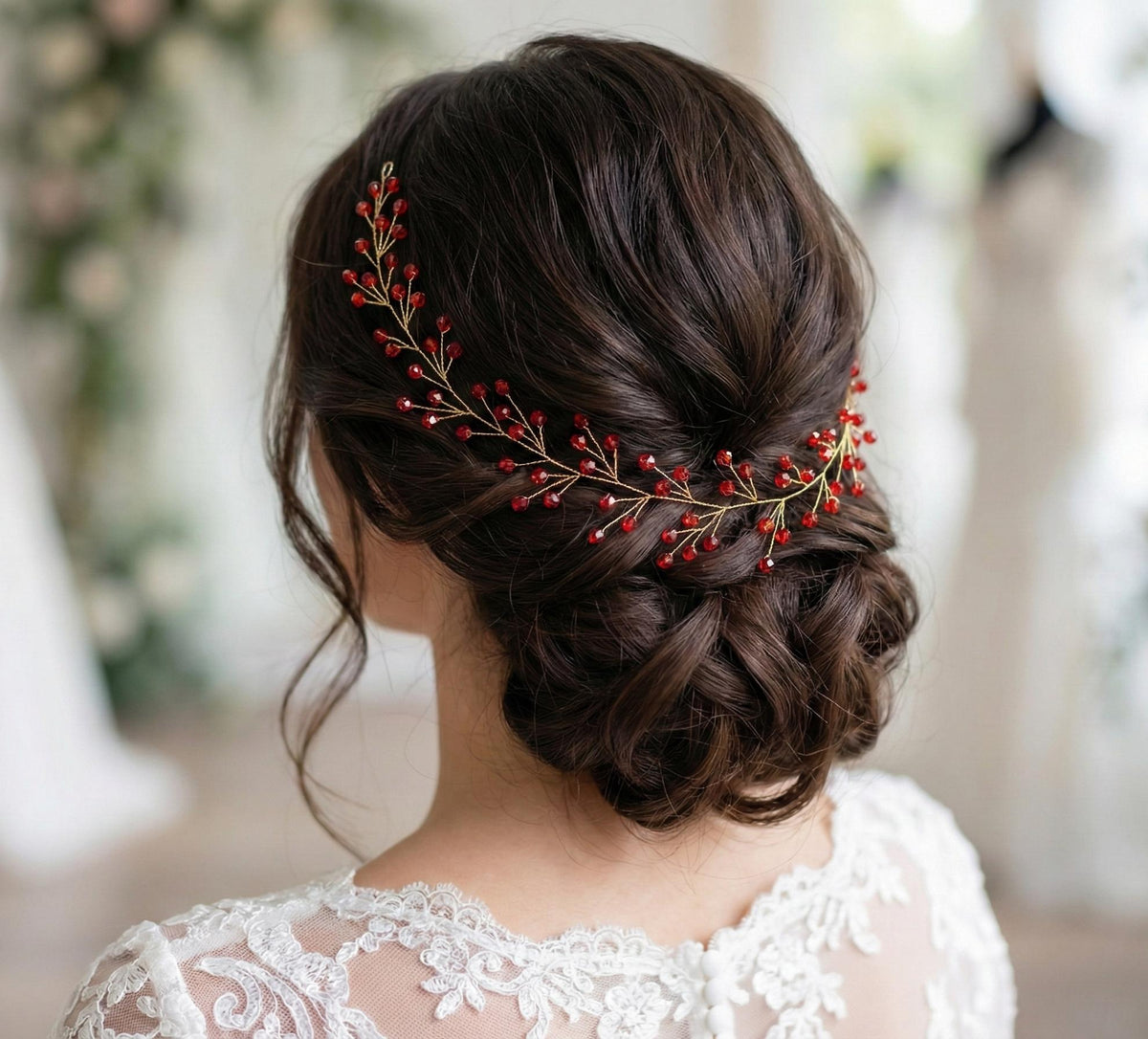 Bordeaux Crystal Hair Vine with Red Wire, Flexible Bridal Hair Accessory