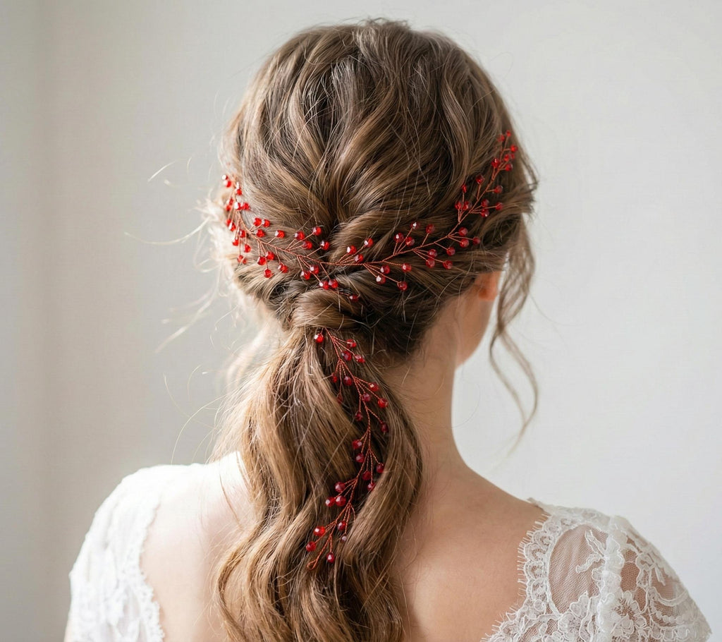 Bordeaux Crystal Hair Vine with Red Wire, Flexible Bridal Hair Accessory