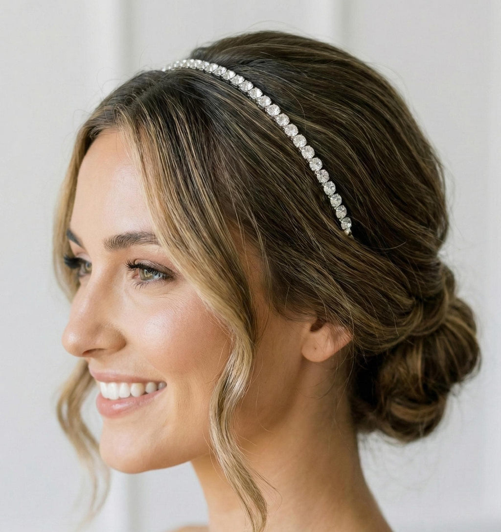Clear Stone Bridal Headband | Slim Silver-Tone Wedding Hairband for Elegant Updos