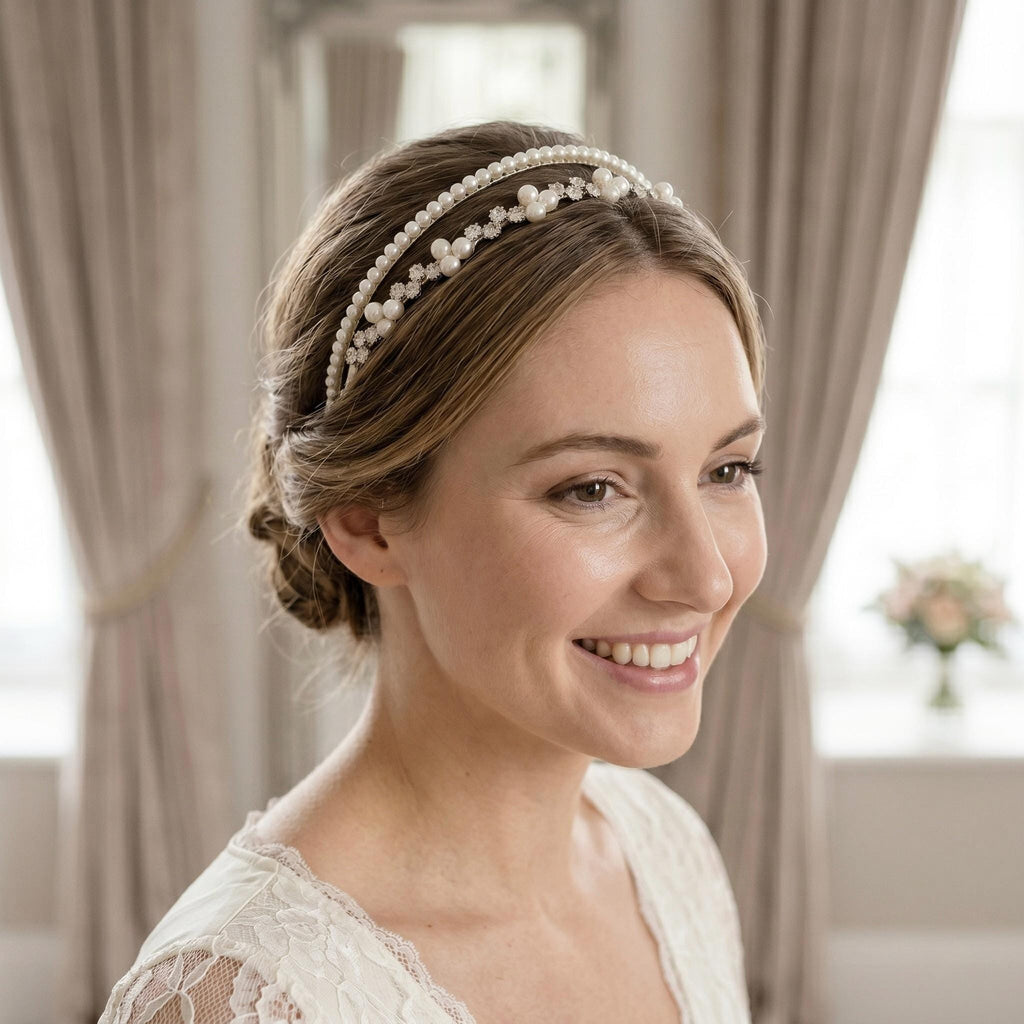 Pearl Bridal Headband with Rhinestones | Single or Double Row Wedding Hairpiece