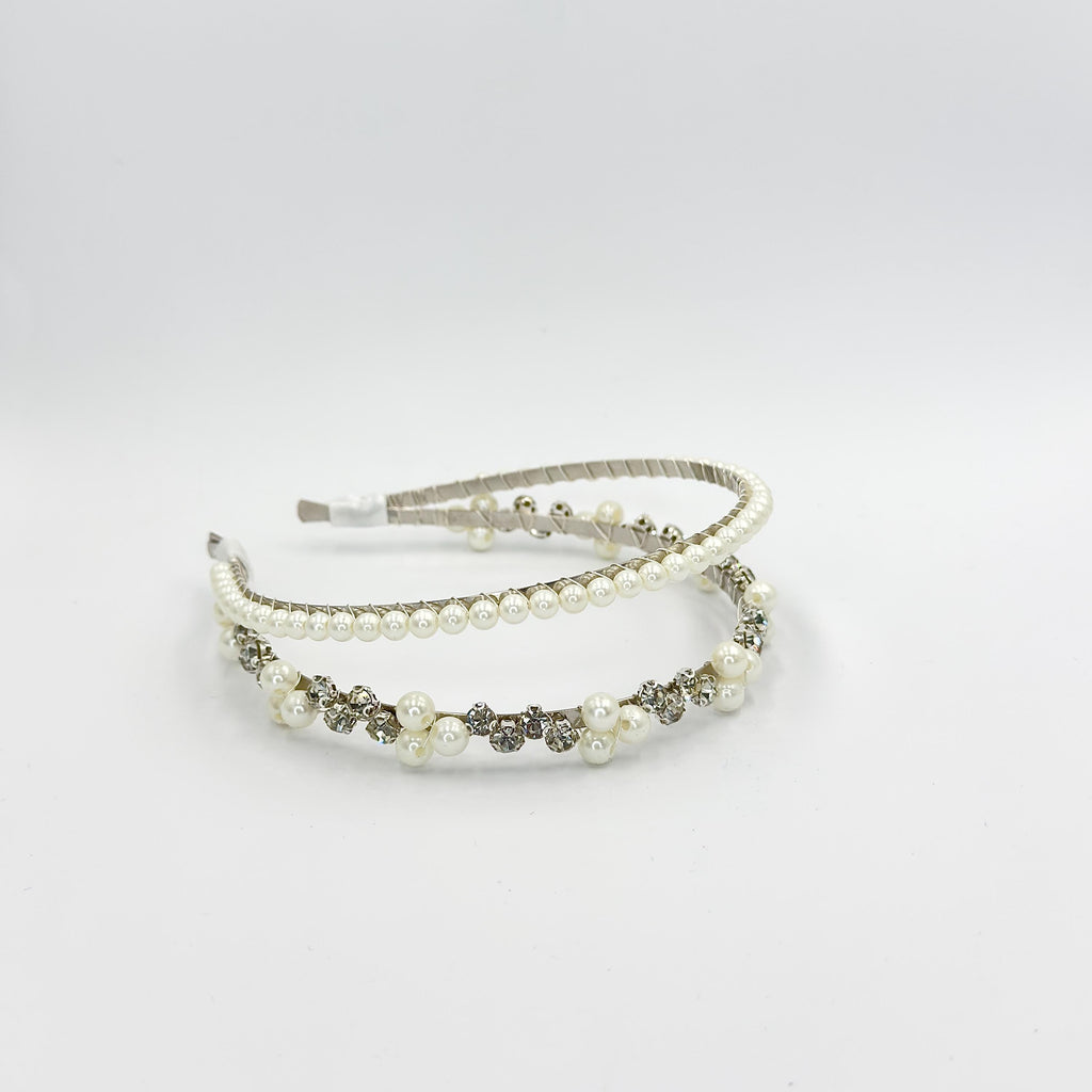 Pearl Bridal Headband with Rhinestones | Single or Double Row Wedding Hairpiece