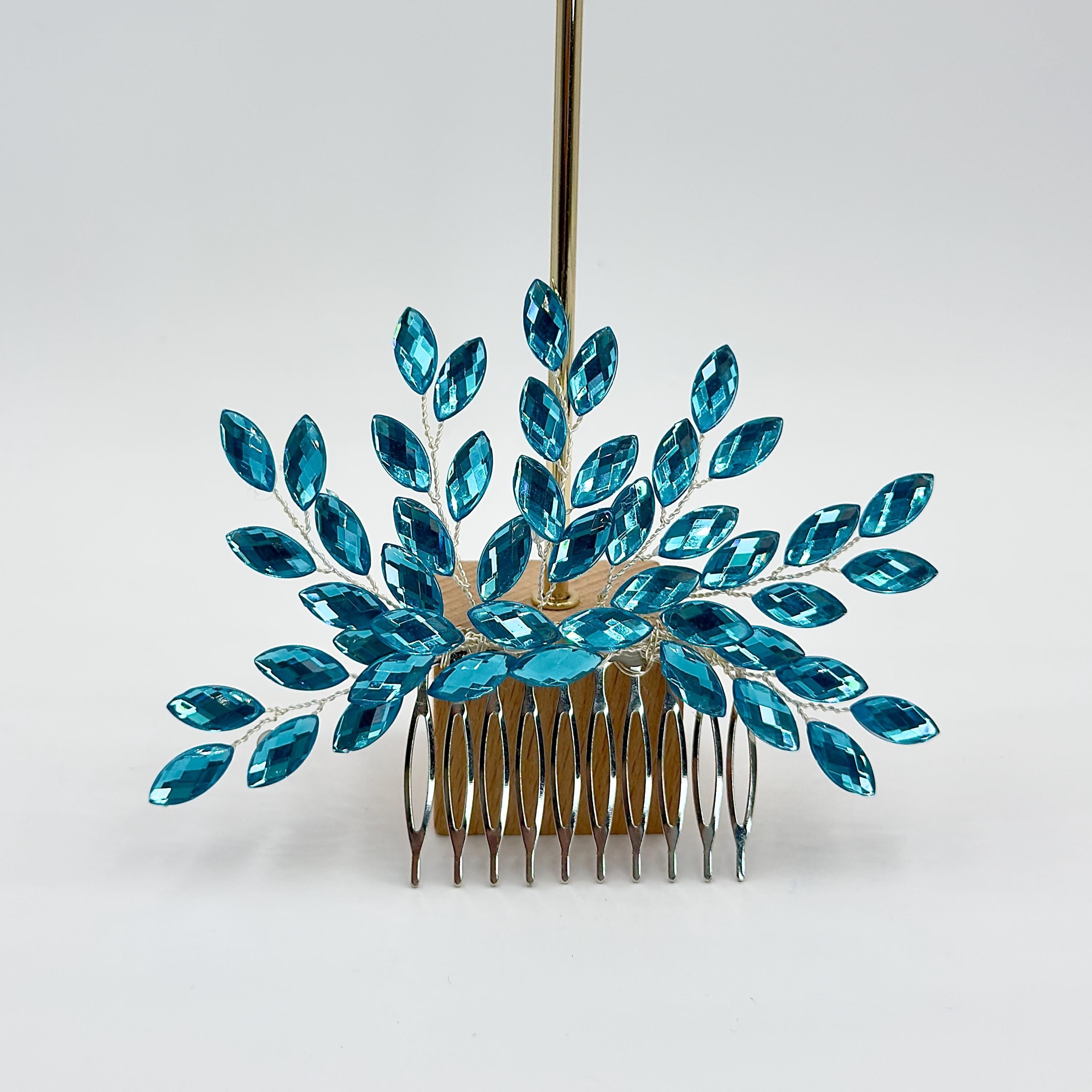 Braut Haarkamm Blau Kristall Silber Draht Haarschmuck