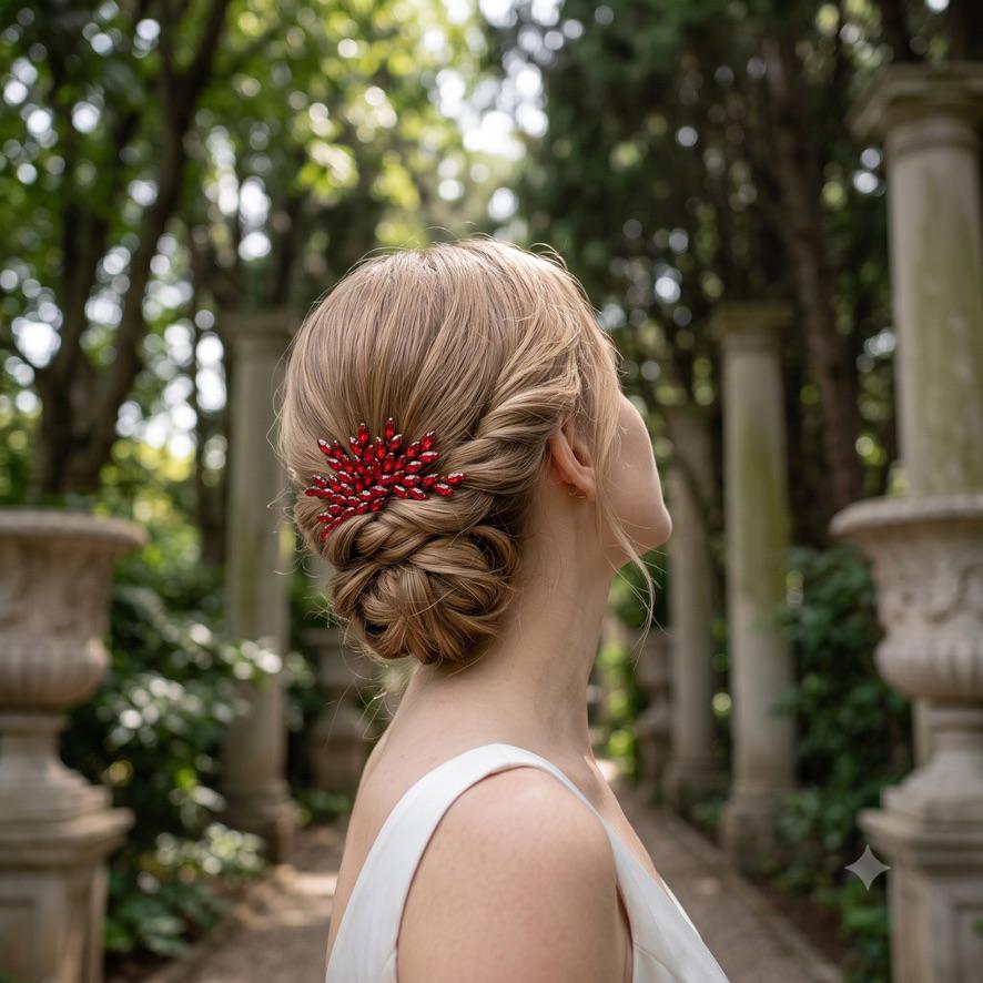 Braut Haarkamm Rubinrot Kristall Silber Draht Haarschmuck