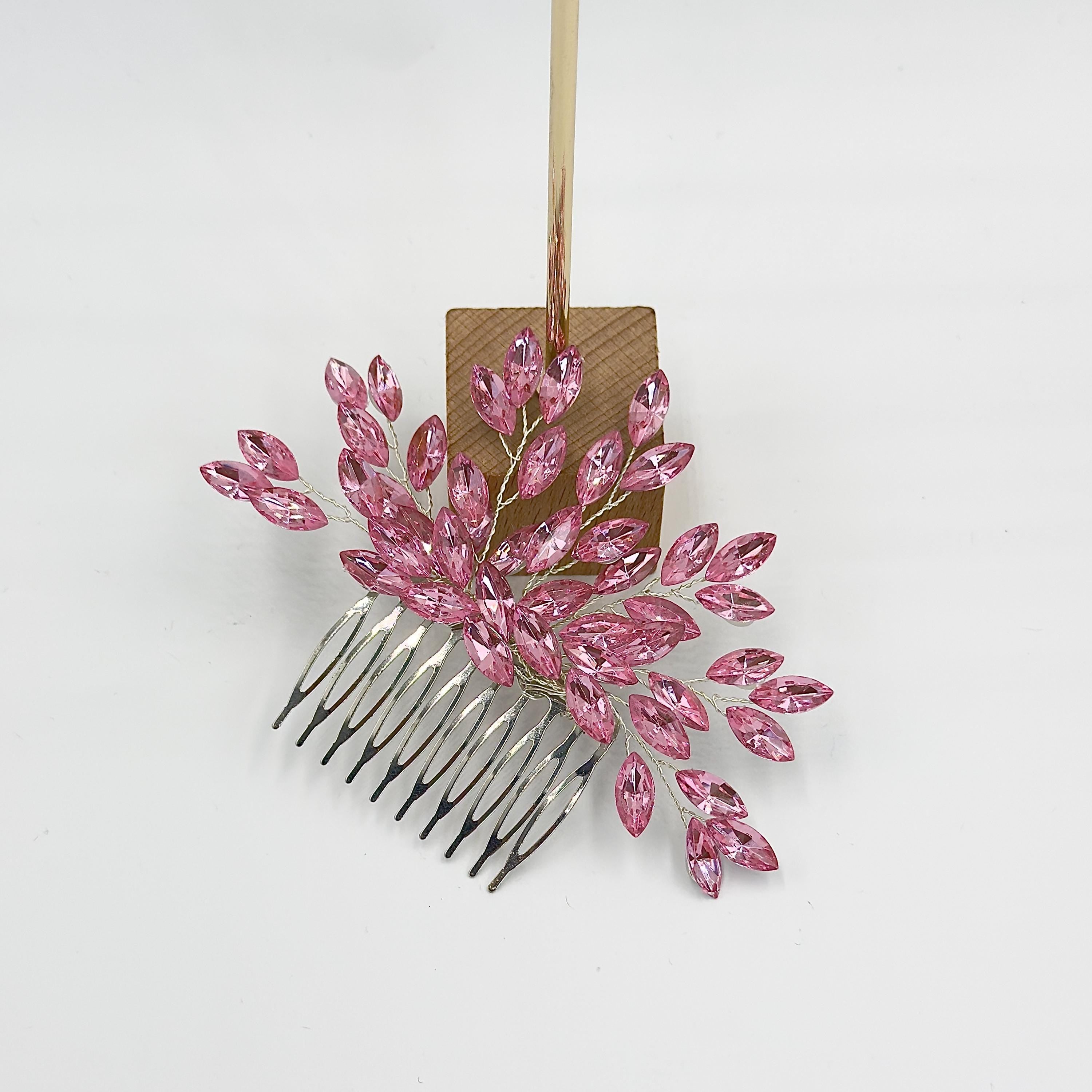 Braut Haarkamm Rosa Kristall Silber Draht Haarschmuck