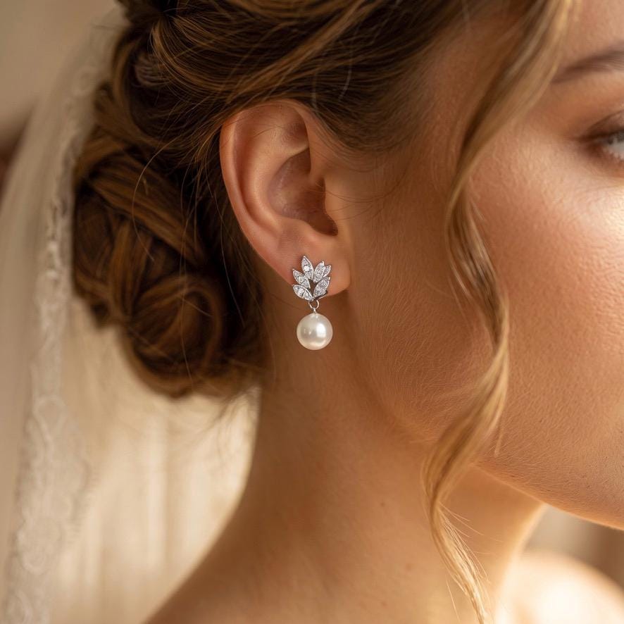 Pearl Bridal Drop Earrings with Crystal Leaves | Short Silver-Tone Wedding Jewelry
