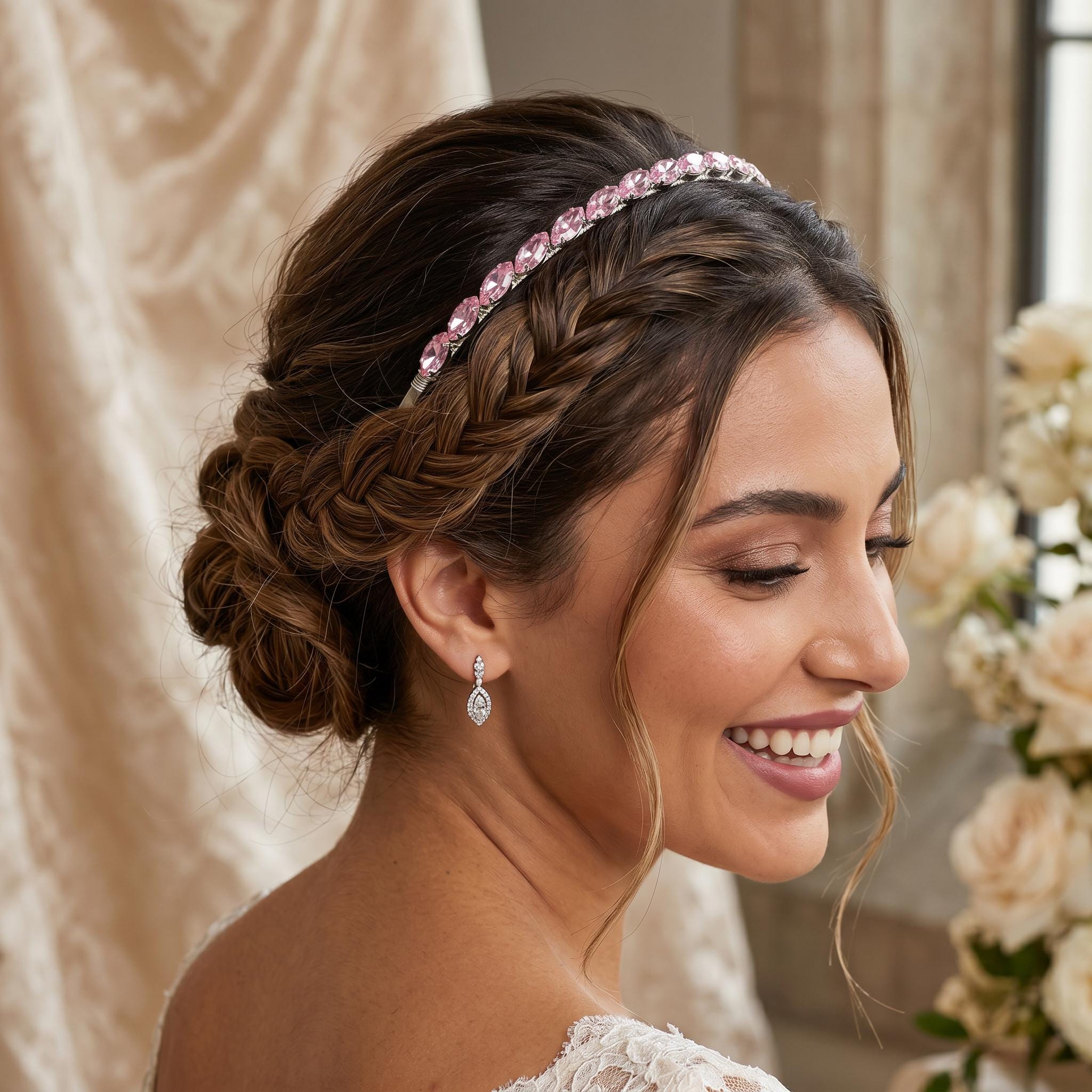 Silberfarbener Braut-Haarreif mit rosa Ziersteinen