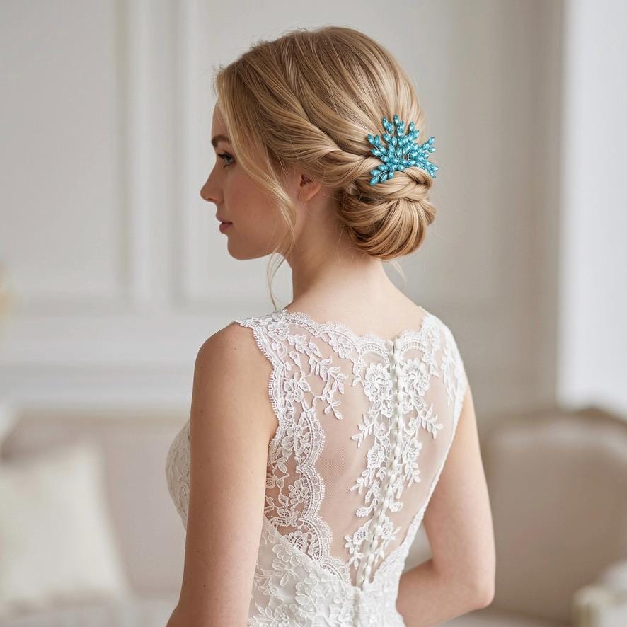 Braut Haarkamm Blau Kristall Silber Draht Haarschmuck