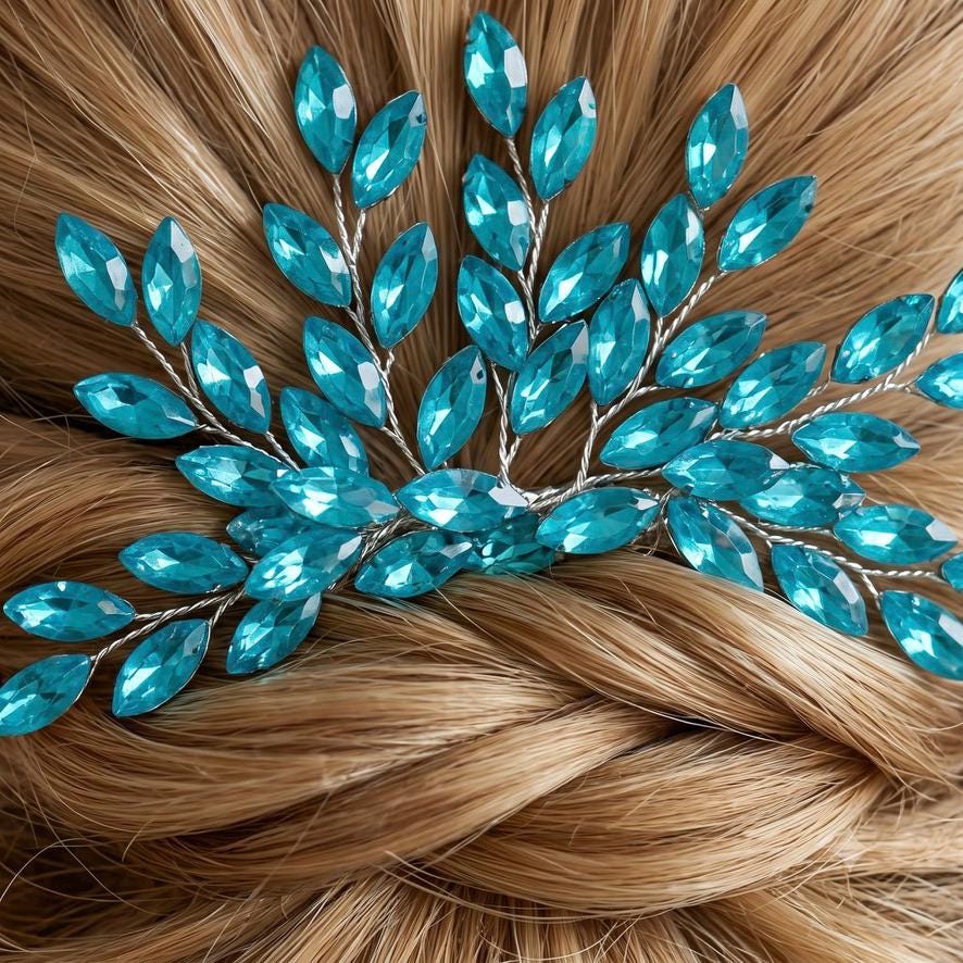 Braut Haarkamm Blau Kristall Silber Draht Haarschmuck