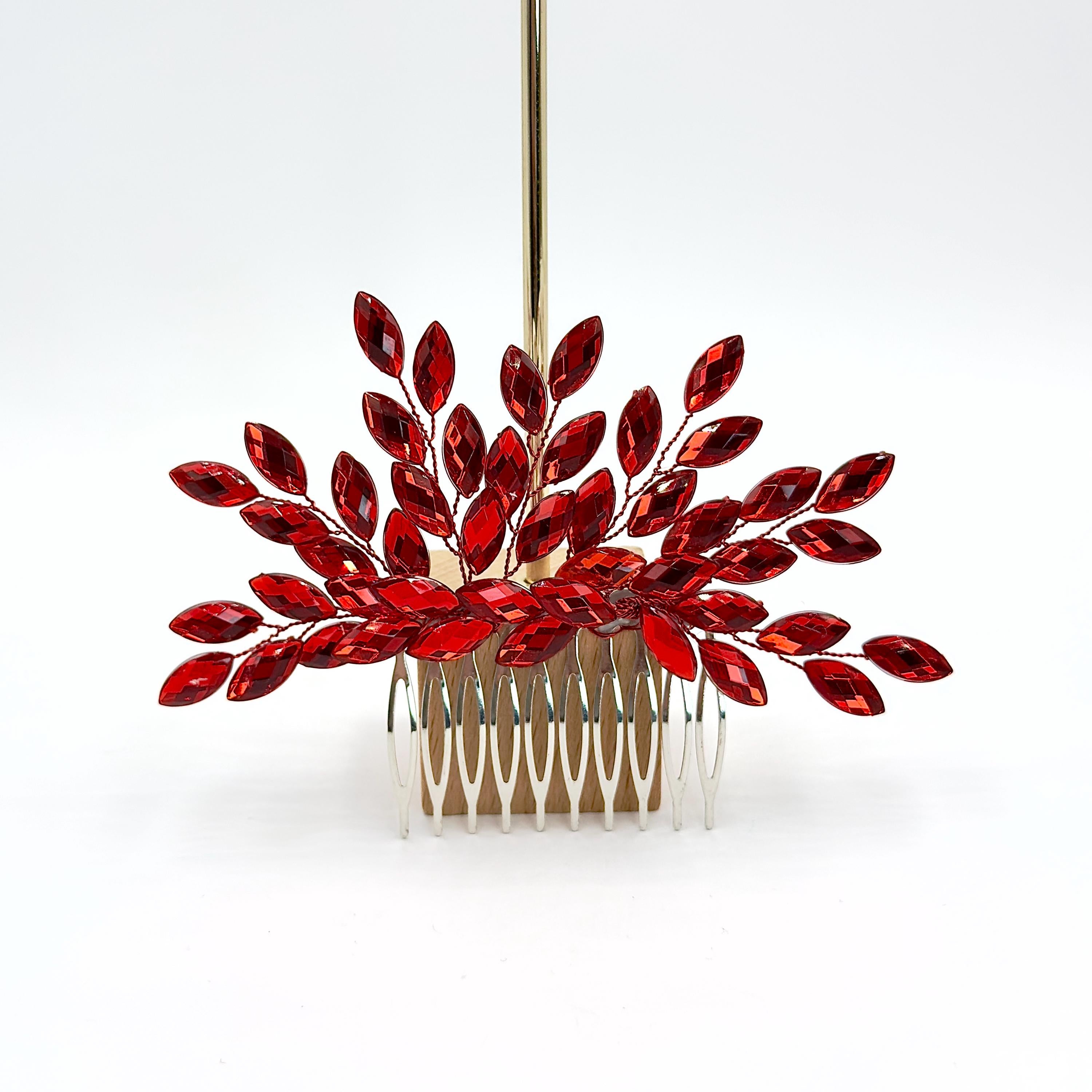 Braut Haarkamm Rubinrot Kristall Silber Draht Haarschmuck