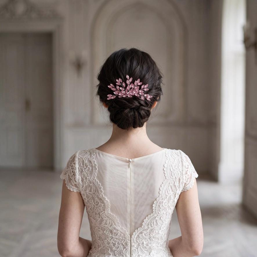 Braut Haarkamm Rosa Kristall Silber Draht Haarschmuck
