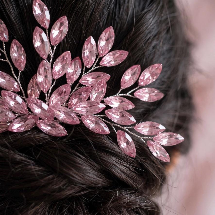 Braut Haarkamm Rosa Kristall Silber Draht Haarschmuck