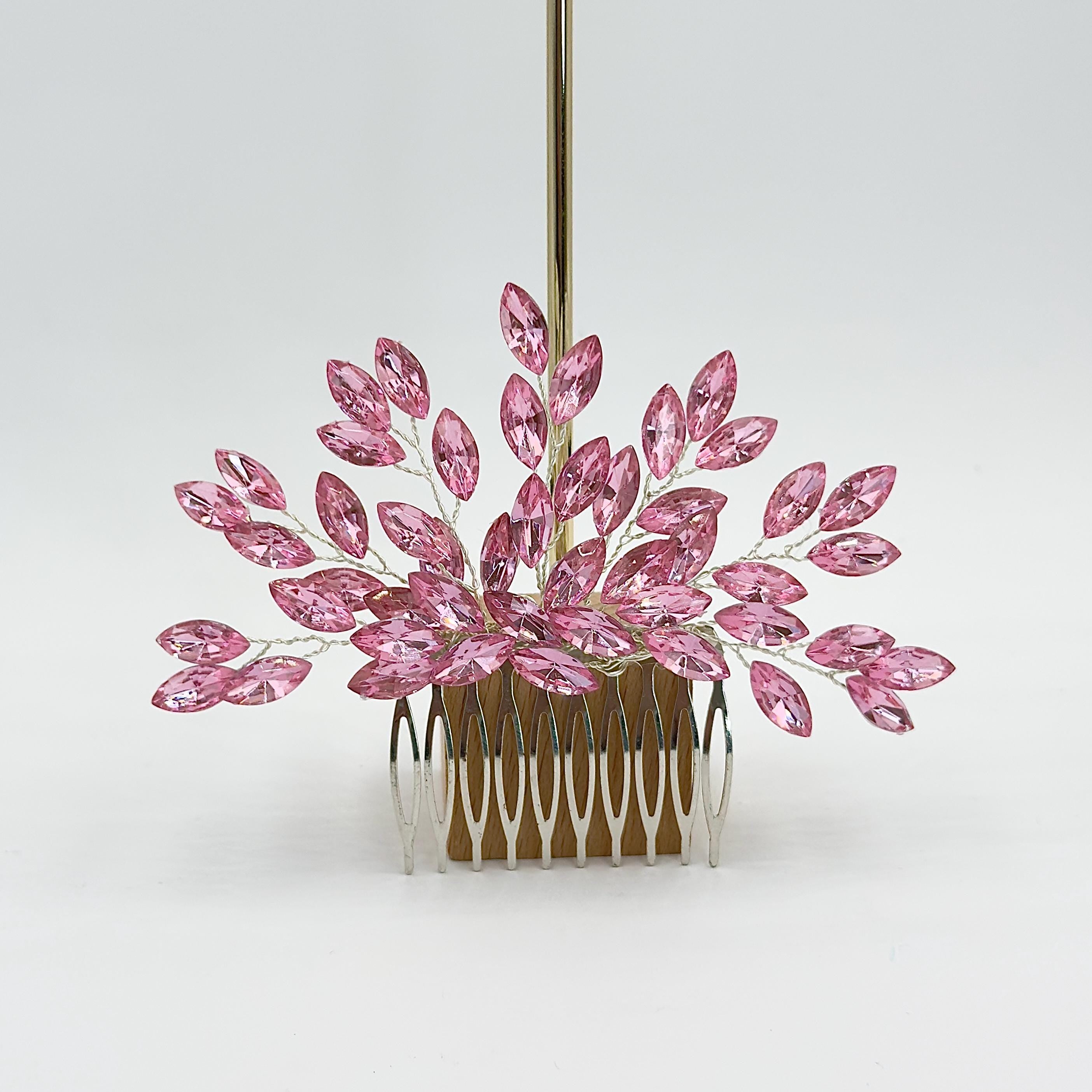 Braut Haarkamm Rosa Kristall Silber Draht Haarschmuck