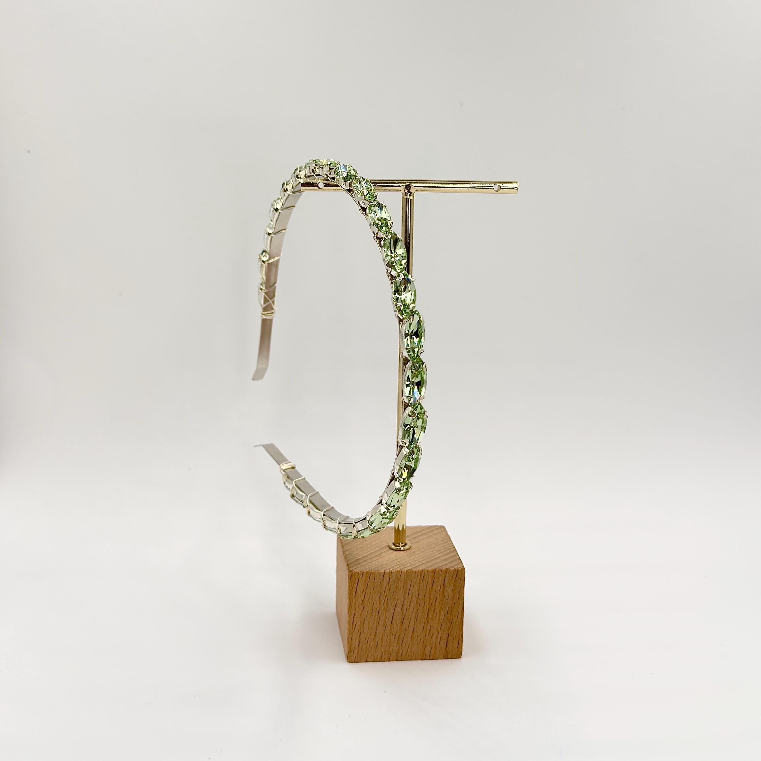 Hellgrüner Kristall-Braut-Haarreif | Schmaler Haarschmuck in Silber