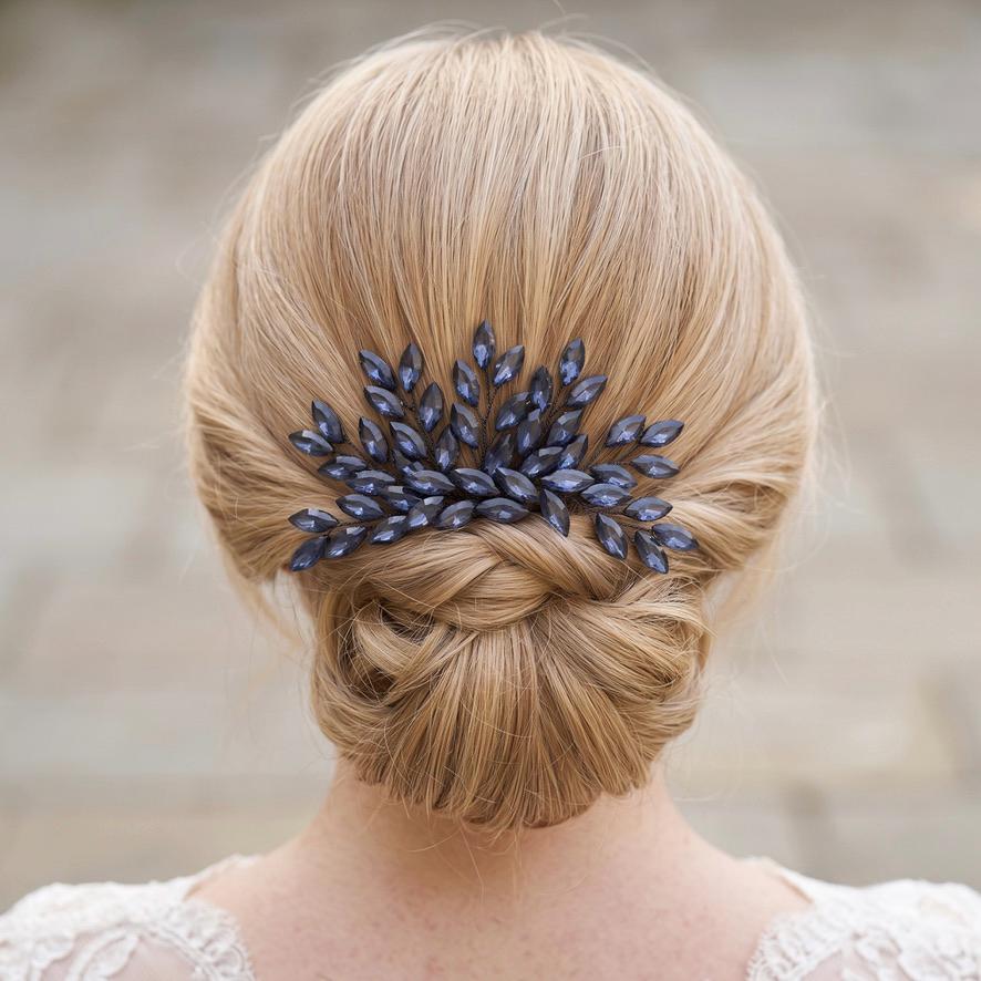 Dunkelblauer Kristall-Haarkamm | Floraler Brautschmuck mit Blättern