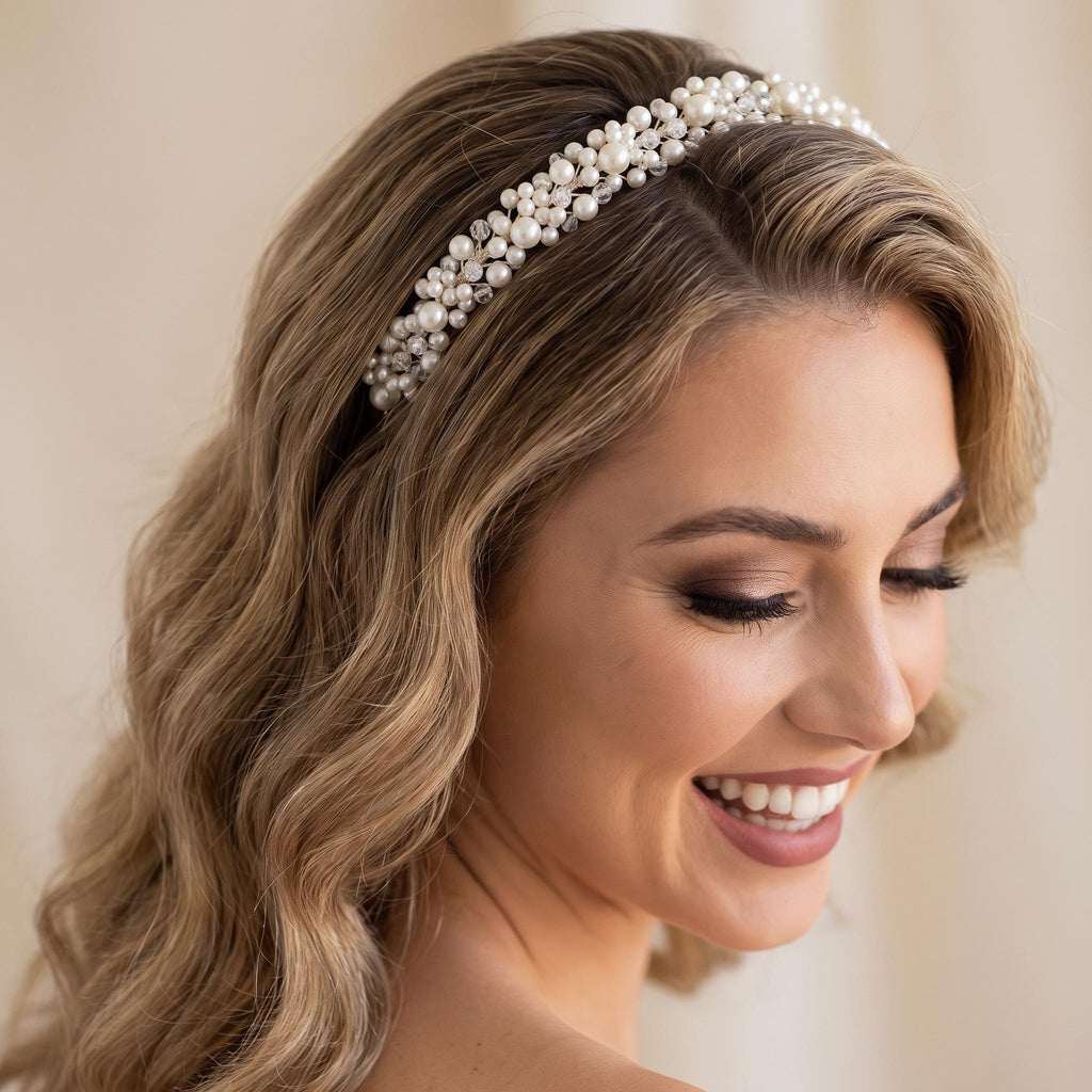 Breiter Braut-Haarreif mit Perlen und Kristallen | Handgemachter Hochzeitshaarschmuck