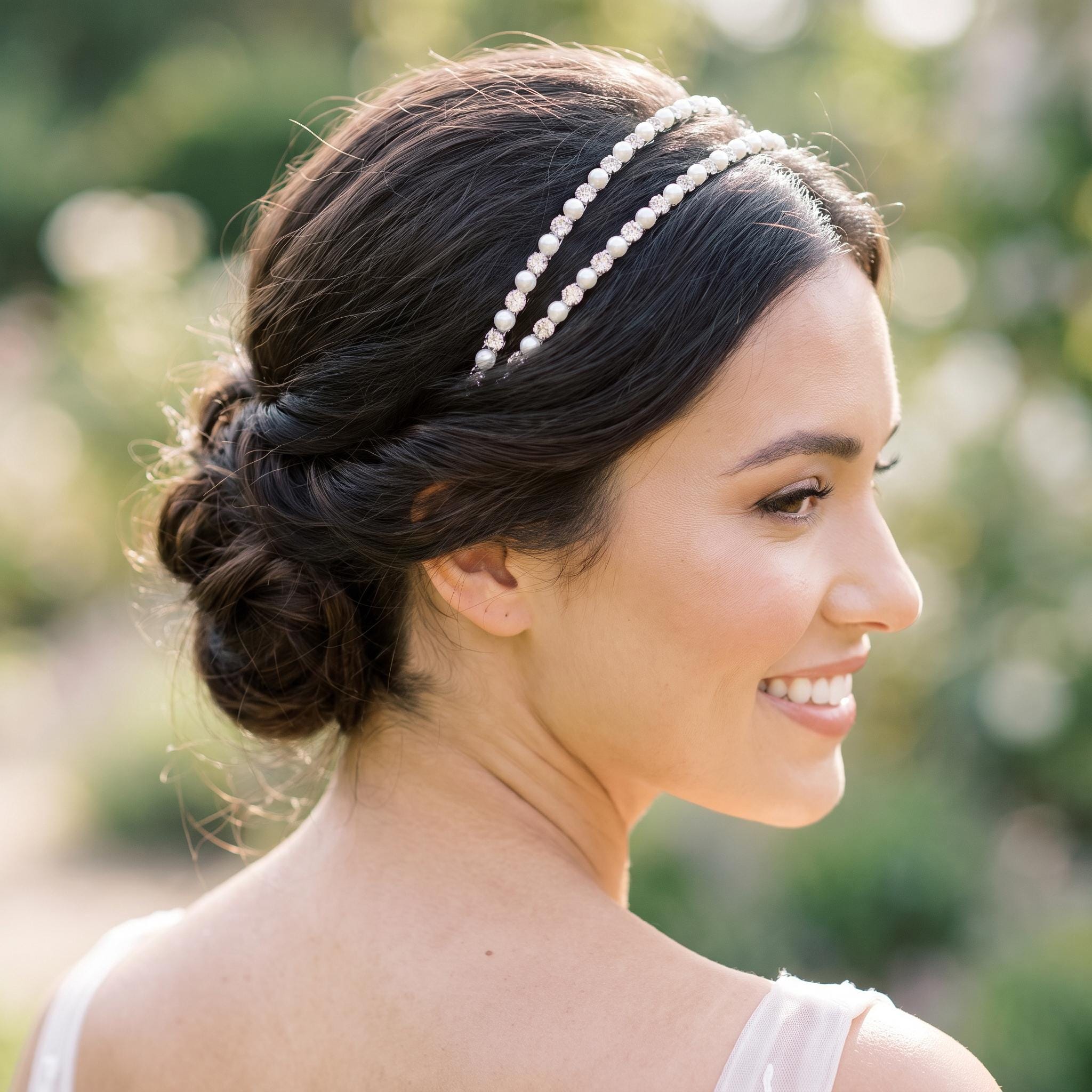 Brauthaarreif-Set mit Perlen und klaren Schmucksteinen | Silberfarbener Brauthaarschmuck