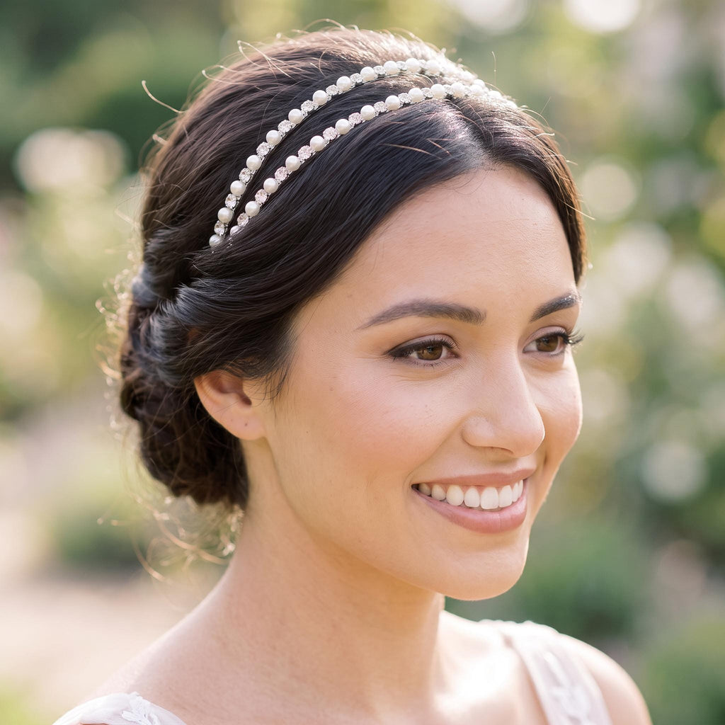 Brauthaarreif-Set mit Perlen und klaren Schmucksteinen | Silberfarbener Brauthaarschmuck