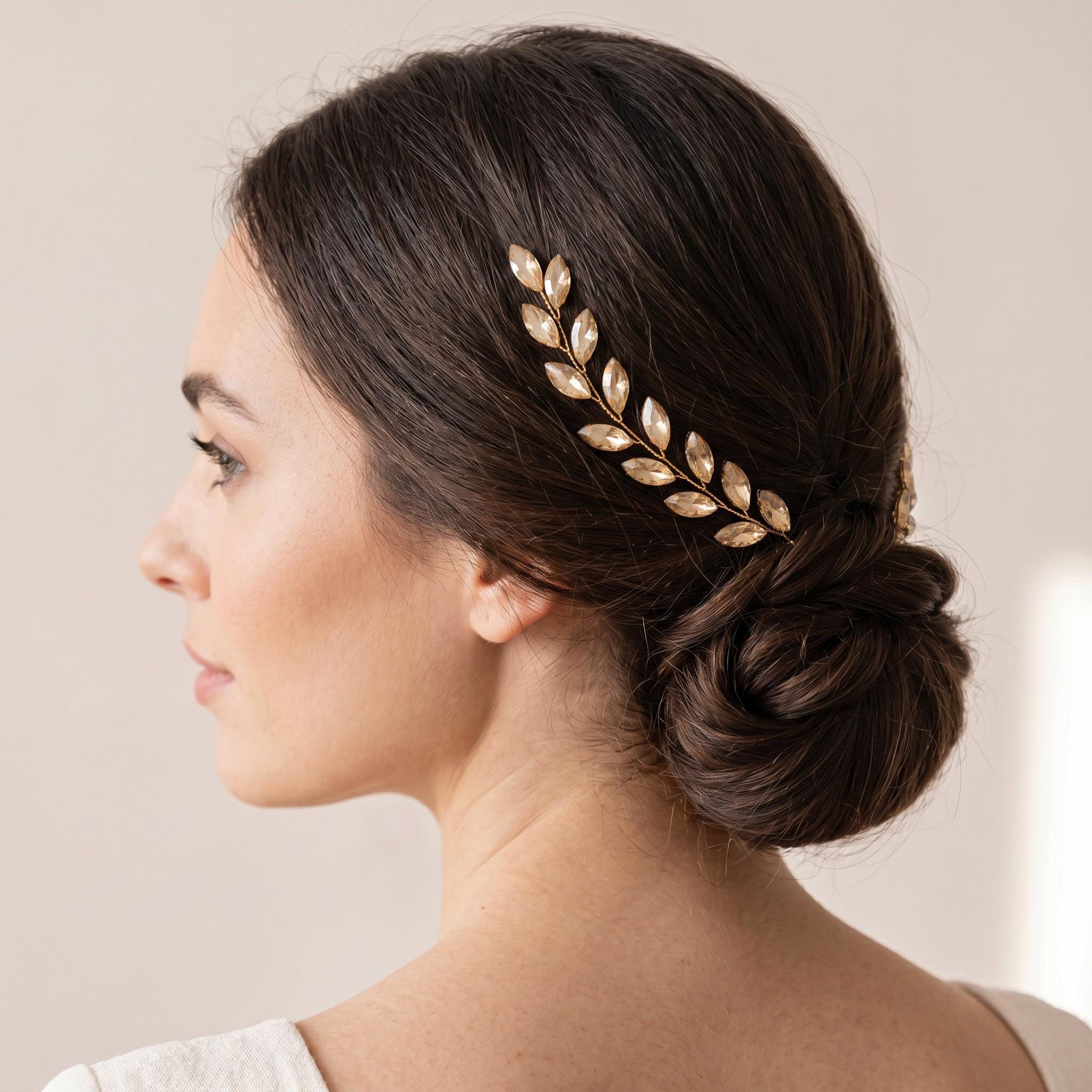 Braut-Haarnadel-Set mit champagnerfarbenen Blätterzweigen | Zwei handgefertigte Haarnadeln